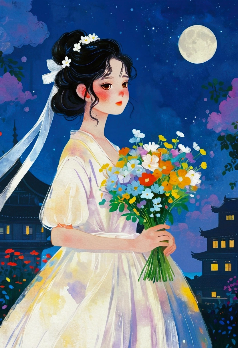 There is a lady in a white dress holding a bouquet of flowers, 吉卜力工作室style, With Artest Guerin (atey ghailan) style, inspired By Artie Guerin, author：Yukika Kosaka, A beautiful artistic illustration, Kobayashi Kiyochika, By Artie Guerin, Produced in collaboration with Anime Painter Studio, Juster Battle