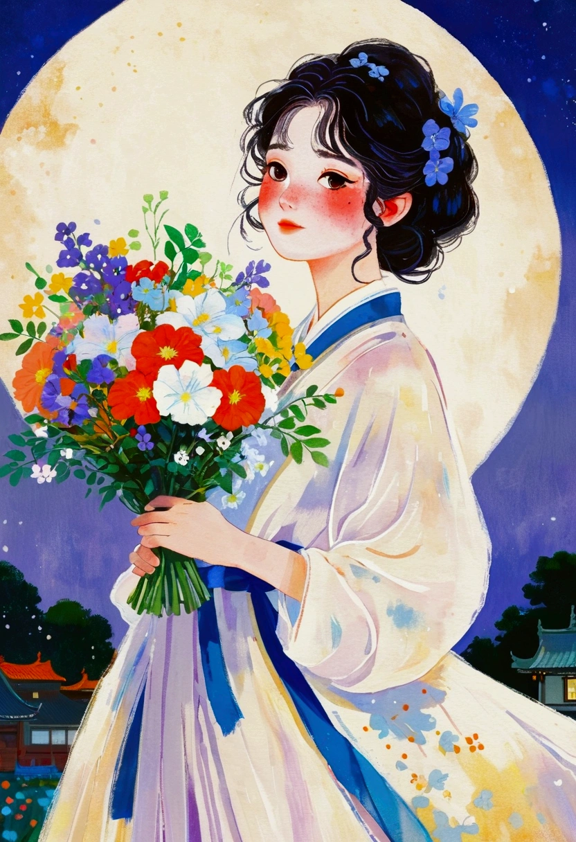 There is a lady in a white dress holding a bouquet of flowers, 吉卜力工作室style, With Artest Guerin (atey ghailan) style, inspired By Artie Guerin, author:Yukika Kosaka, A beautiful artistic illustration, Kobayashi Kiyochika, By Artie Guerin, Produced in collaboration with Anime Painter Studio, Juster Battle