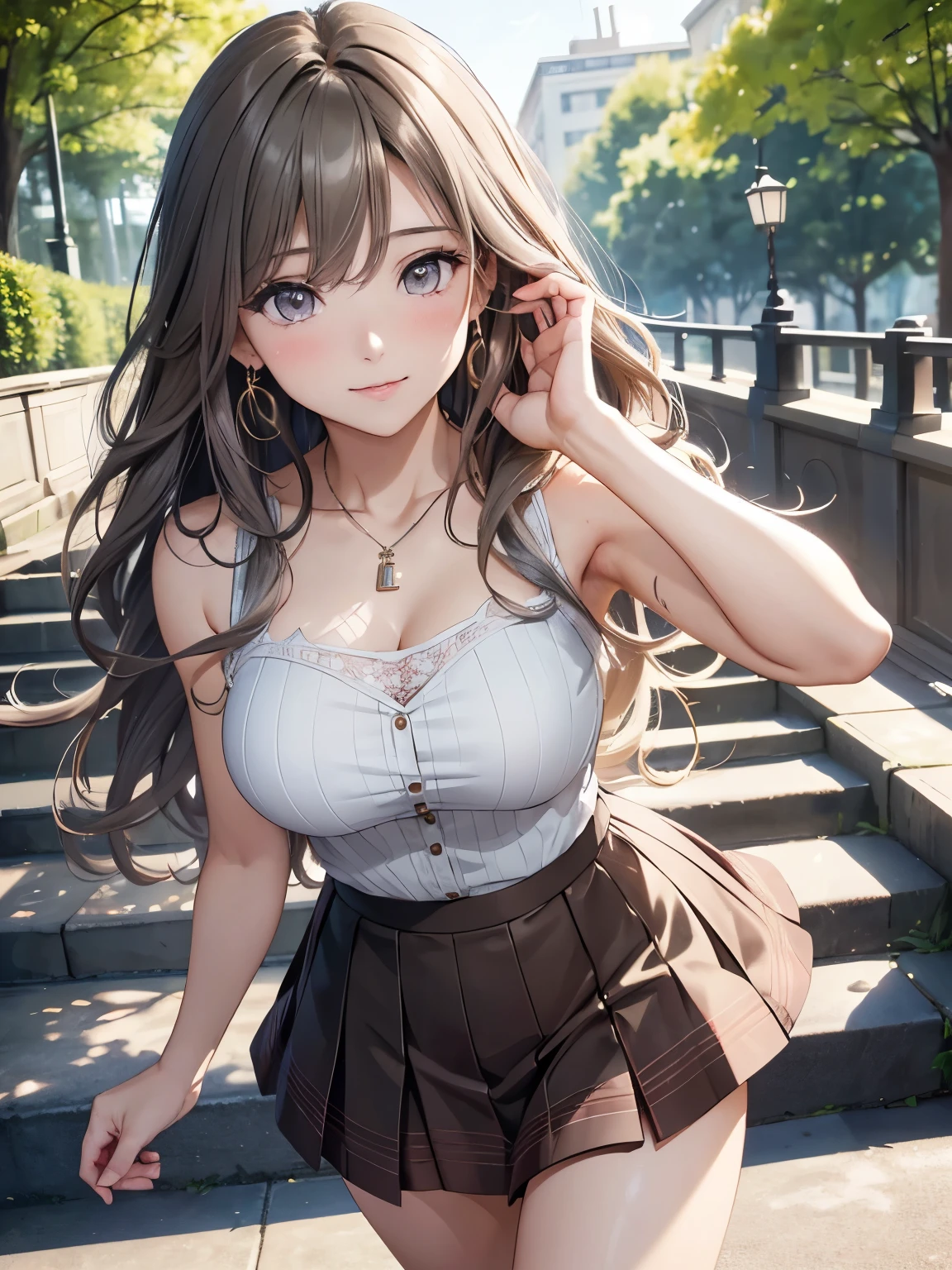 (Top Quality, High Resolution, Masterpiece, 4K), (soft light, shiny hair, beautiful eyes), young woman, full body view, lovely smile, ((long wavy hair, bangs, light colored hair)), ((greedy eyes, gray eyes, perfect eyes)), ((detailed face, blush:1.1)), (( Smooth texture:0.75, Realistic texture:0.65, Realistic:1.1, Animated CG style)), Large breasts, cleavage, seductive body, (random wrap blouse, tight skirt, attractive thighs visible), Pretty necklace, cute earrings, (Walking along the cobblestone streets along the coast), strong sunlight, hand in own hair, showing chest with smiling , from above++, holding sunglasses in mouth, gesture of hair tied back with both hands, dynamic pose