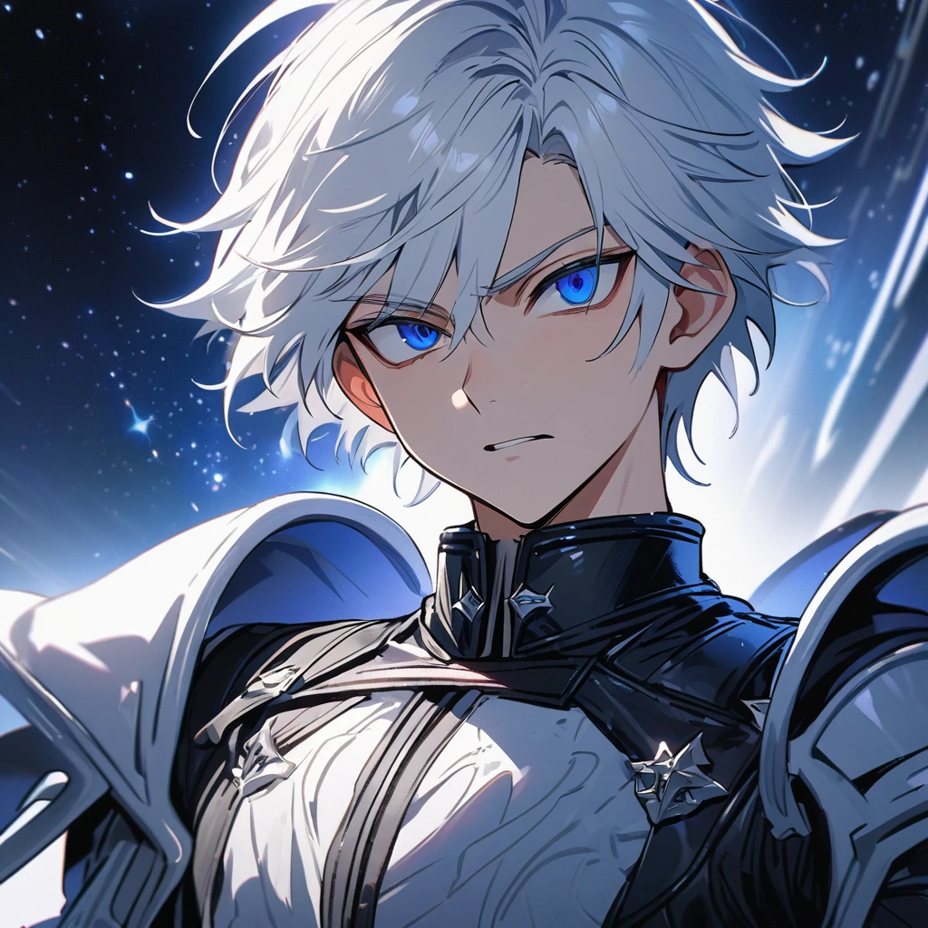 High quality, HD, 4k, no shadows, handsome male, 1male, , teenager, shwhite hair, silver hair, white hair, sharp eyes, dark blue colored eyes, deep blue eyes, blue eyes, devil may cry, close up, calm expression, stoic expression, black leather clothes, white leather clothing, lean body, well trained body, upper body, looking at viewer, cowboy shot, white solar, space background