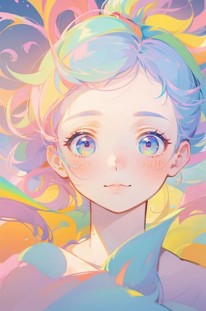 (pastel:1.2)、、High Ponytail_Merging with the Rainbow、barefoot、free、Bright colors、The background is strawberry-themed fractal art.、masterpiece、Highest quality、Super Beautiful Portrait、Blur the foreground