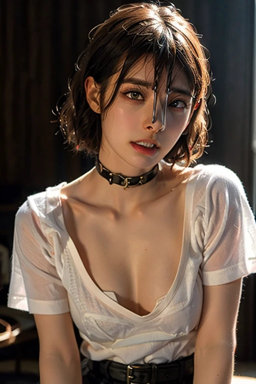 (Browsing Caution:-2), (Realistic, photo-Realistic :1.4), (Highest quality, masterpiece:1.2), RAW Photos, High resolution, Intricate details, Very detailed, Realistic and sharp details, Portraiture, (Bust Shot, Front view:1.2 ), alone, Beautiful Japanese Woman, Beautiful woman, Black Hair, (Short Bob Hair), Detailed face, Detailed eyes, Beautiful Eyes, Refined nose, Pale skin, Fine skin, (Nose hook, Chain strap), (Gemstone Choker), clavicle, shoulder, T-Shirts, skirt, 