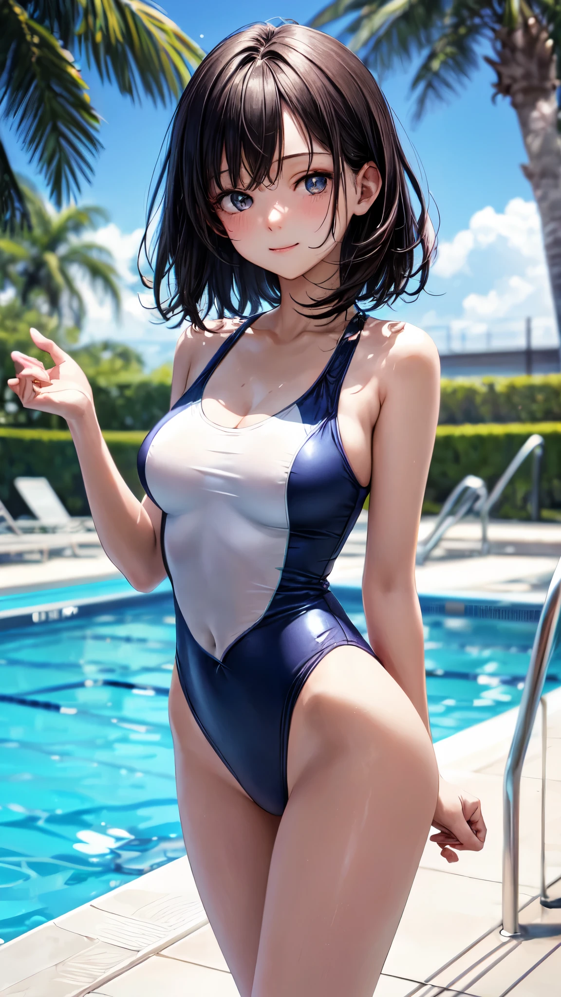 (masterpiece,best quality,ultra detailed,high resolution),(daytime,clear weather,bloom),looking viewer,(cowboy shot),((solo)),(beautiful girl),age,(black hair,medium hair,straight hair),(beautiful detailed face,beautiful detailed eyes,fair skin),light smile,(one-piece swimsuit,navy swimsuit),(medium breast,medium hip,beautiful covered hip),((panty lines,pantylines)),on the pool,walking,