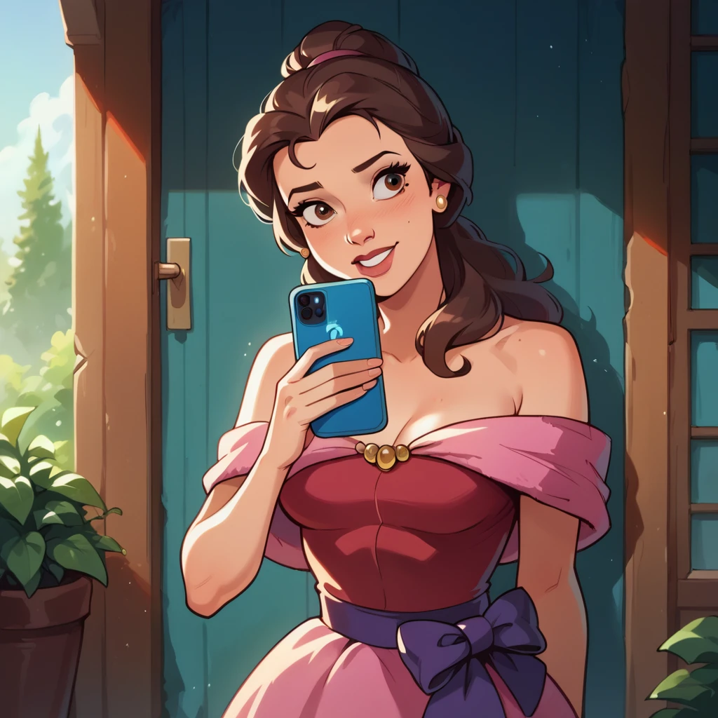 score_9_presence, score_8_up, Belle, wrapped in towel, medium breasts, holding phone