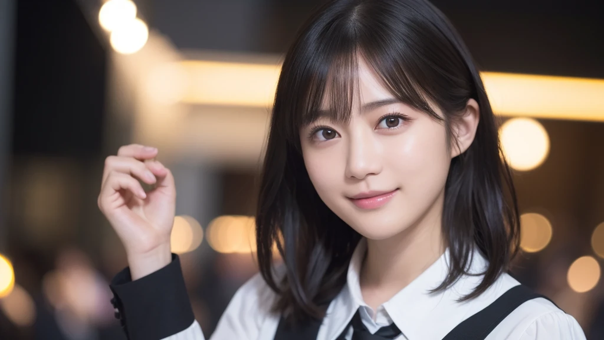 Private High School Uniforms、Full Body Shot、short hair、beautiful girl、beautifulディテールまでこだわった目、 venue、Highest quality, 超High resolution, (reality: 1.2), Cinema Lighting、(Japanese Girls)、 beautiful、beautiful肌、(Looking at the audience)、(Surreal)、(High resolution)、(8k)、(Very detailed)、(beautifulディテール)、(Very detailed)、 (wallpaper)、Detailed face、Bright lighting、Professional Lighting、smile、Highest quality、 masterpiece、超High resolution、(reality的:1.3)、RAW Photos、(((1 girl)))、Black Hair、Glowing Skin、((Ultra-reality的 Details))、Portraiture、Global Illumination、Shadow、Octane Rendering、Ultra Sharp、Metal、Cool colors、、Very intricate detail、reality的 Light、smile