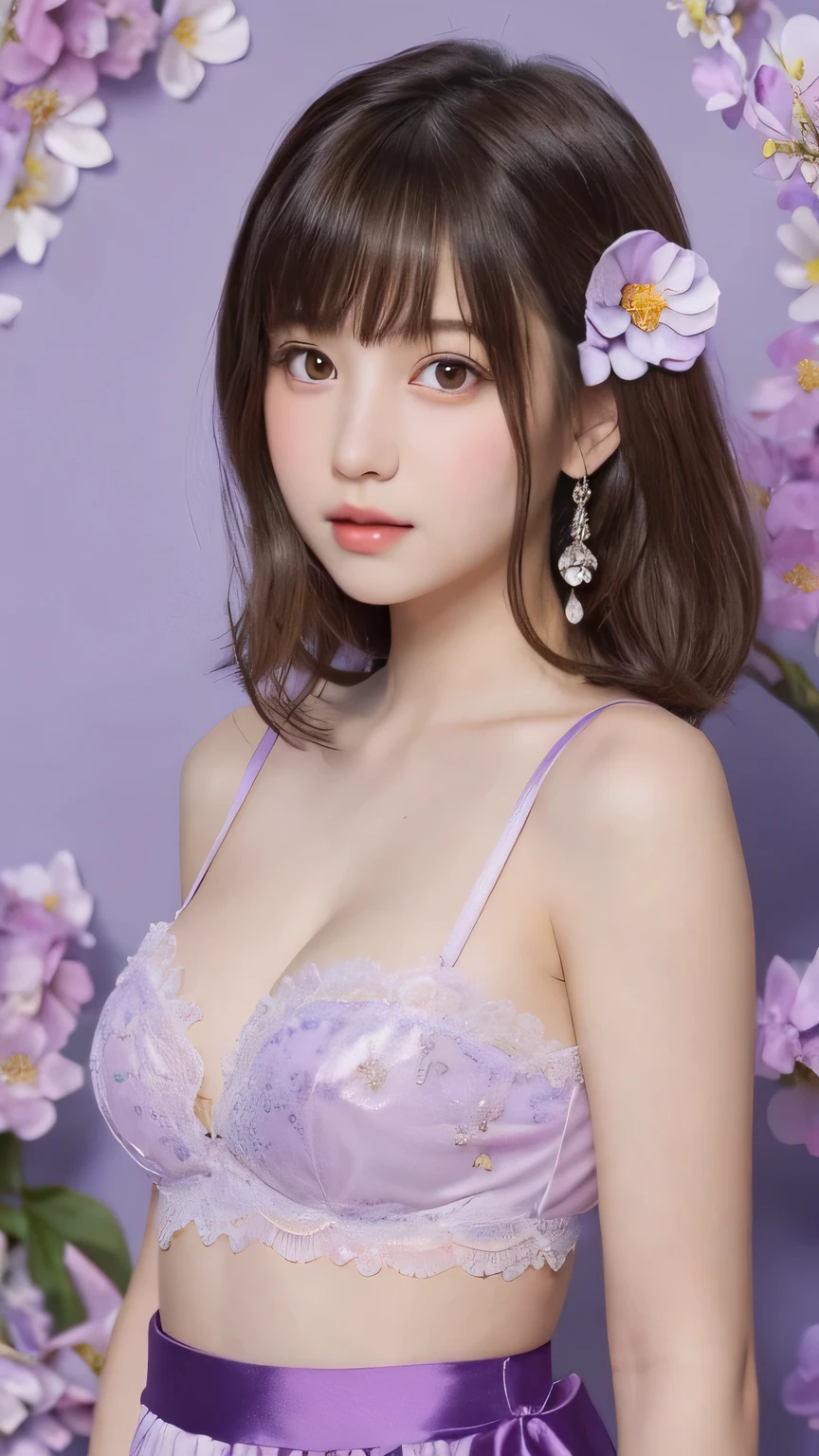 One Girl, (Beautiful girl, Delicate girl:1.3), (:1.3),
break, (Cute Costumes, Long skirt:1.2),
break, (Lavender flower background:1.3),
break, Very beautiful eyes, (Symmetrical eyes:1.3),
break, (Small breasts:0.5), Brown eyes, Parted bangs, Brown Hair,
break, (Eye and facial details:1.0),
break, (masterpiece, Highest quality, Super detailed, Detailed face, 8k)