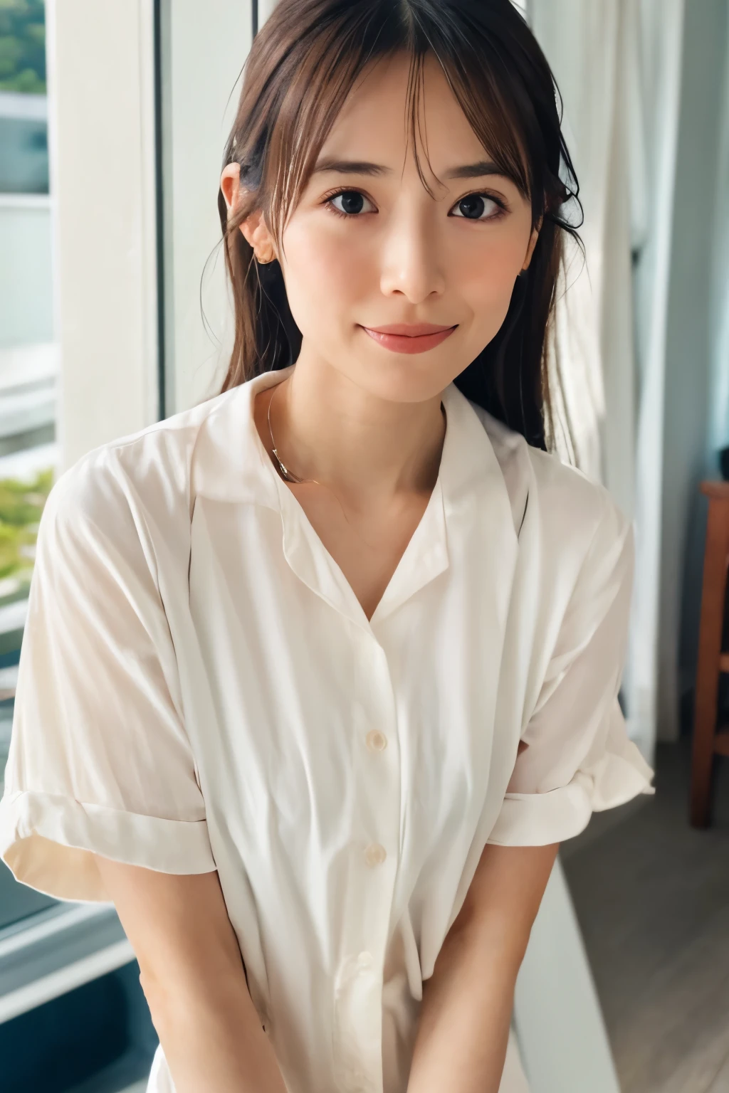 8k, highest quality, masterpiece, super high resolution, (realistic:1.4), RAW Photos, (Film Grain:1.3), One Girl, portrait of a skinny Japanese woman, 30 years old, standing on the beach, a cute face, detailed face, detailed eyes, {short|long} hair, correct body anatomy, photogravure