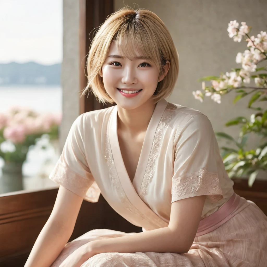 1girl, half Japanese and Korean, early 20s, clean and refined, beautiful skin, balanced body type, kind and affable, attentive and natural smile, blonde short hair, full body, beautiful feet, (best quality,4k,8k,highres,masterpiece:1.2),ultra-detailed,(realistic,photorealistic,photo-realistic:1.37),natural lighting, soft focus, delicate colors, warm tones, cinematic, elegant, charming