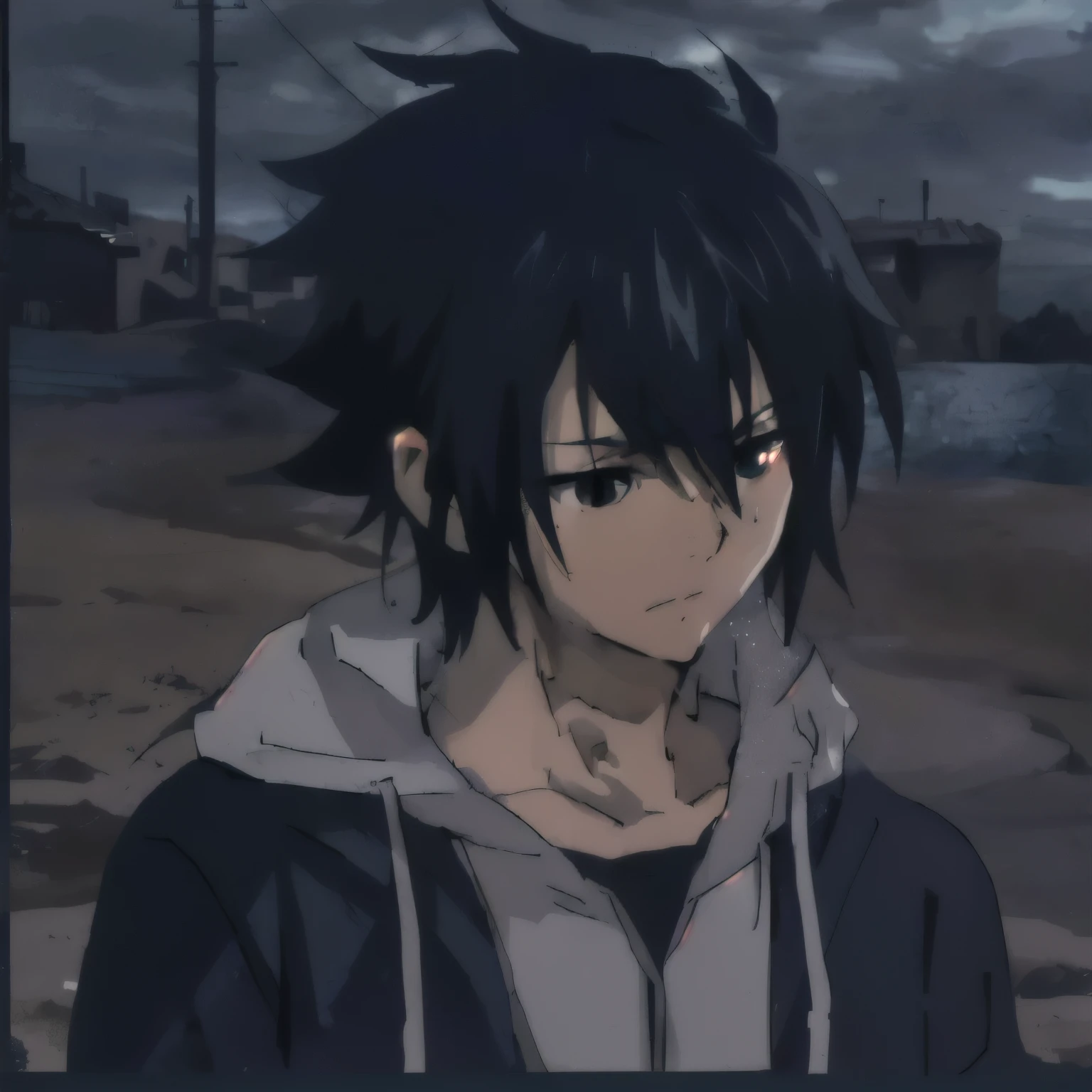 1 anime boy, sad expression, hoodie, detailed face, detailed eyes, detailed lips, detailed hair, long hair, messy hair, cool hairstyle, brooding, moody, high quality, 8k, ultra-detailed, photorealistic, dramatic lighting, cinematic, chiaroscuro, muted color palette, deep shadows, moody atmosphere