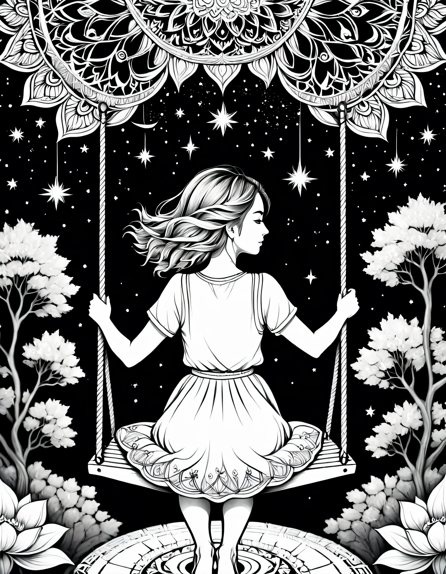 Young lady on swing, mandala background, starry night sky, view from behind, black and white, outlines only,  line art, vector, black background, vector art, crisp white fill, coloring book page