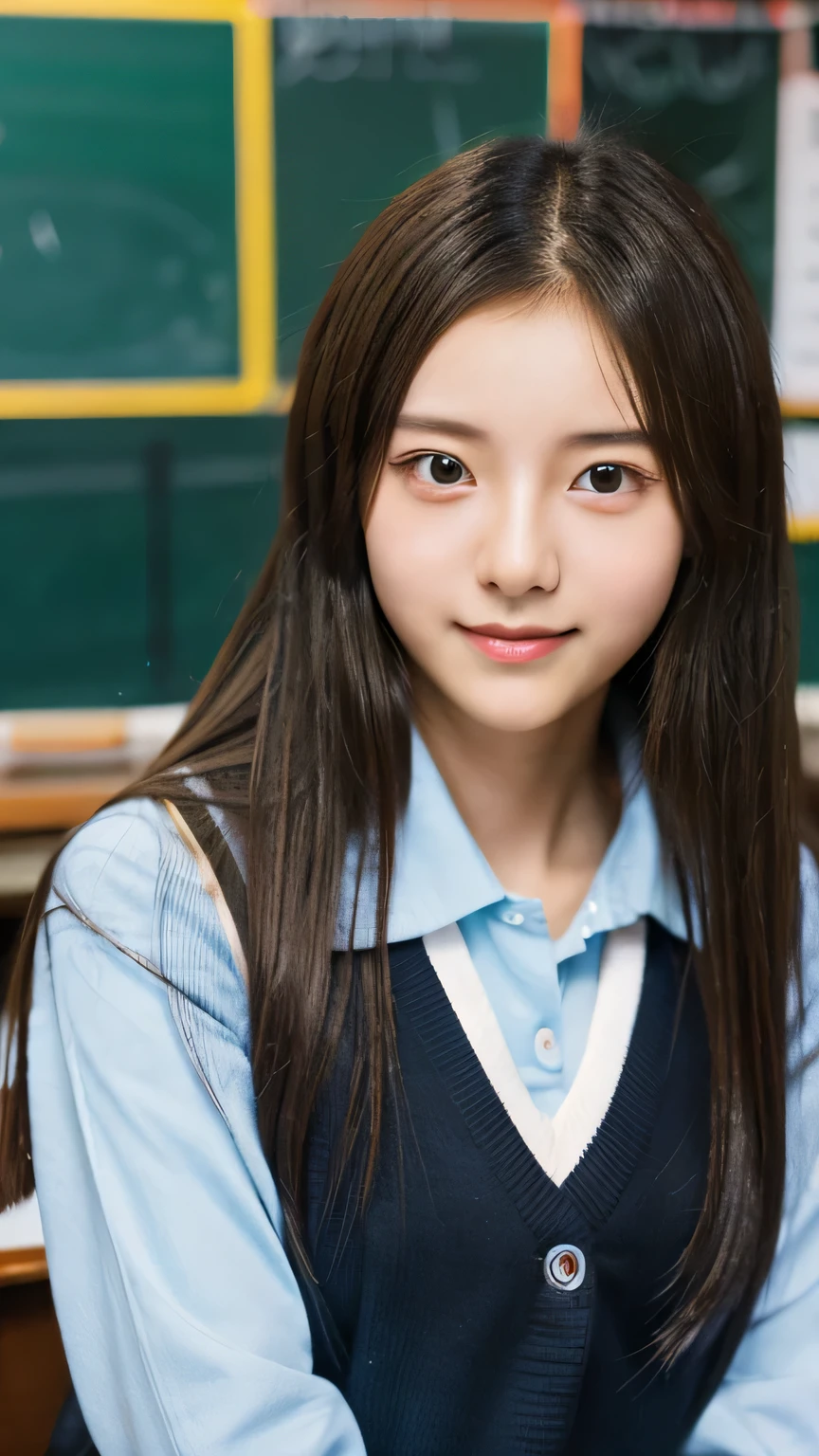 student girl korean cute　face　model studio photo double　background her school girl ,high school girl, korean girl, school, classroom, blackboard