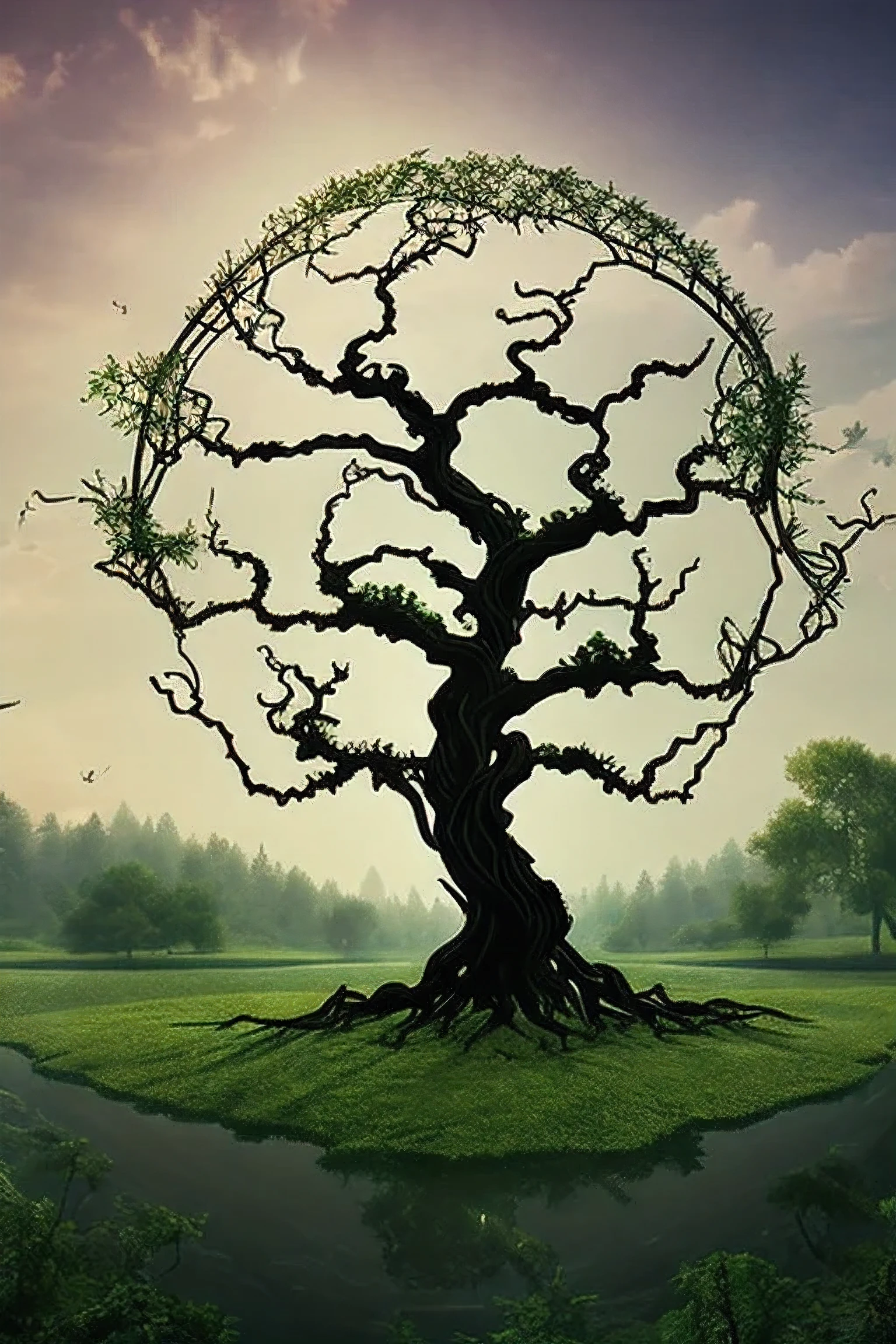 a sprawling, ancient tree with roots and branches naturally forming the infinity symbol, elegant vines wrapping around stylized text "Green Infinite", serene landscape, detailed foliage, natural lighting, photorealistic, highly detailed, 8k, award-winning composition, magical realism, painterly, vibrant colors, lush greenery, atmospheric, ethereal