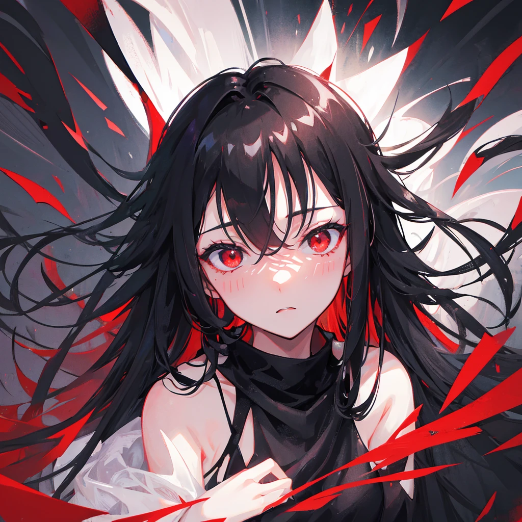 An adult woman,Black straight hair,Red eyes,Sexy,Wearing less,Solitary,Ghosts,Black clothes,((Pure black background))