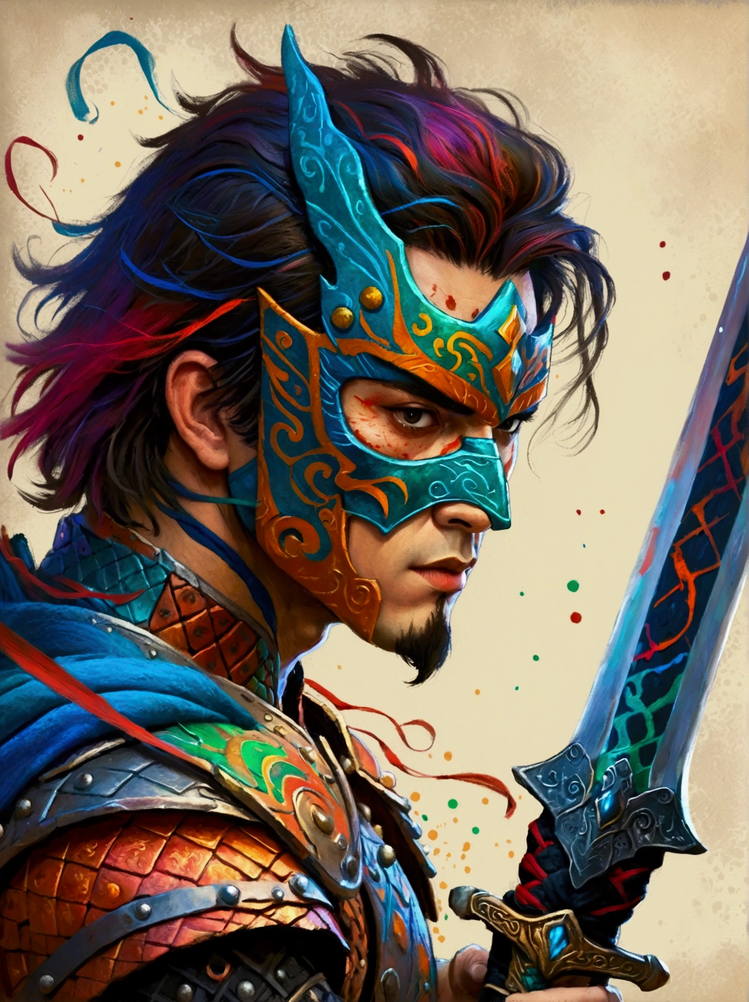 A character reminiscent of a fantasy gameplay warrior with vibrant and bold colors as if drawn with crayons. The warrior exhibits dynamic movement and intensity. He wears a mask and wields a sword demonstrating the juggling action found in many video games. The image has the appearance of a textured finish, typical for a digital painting, and it portrays a gaming-inspired ambiance