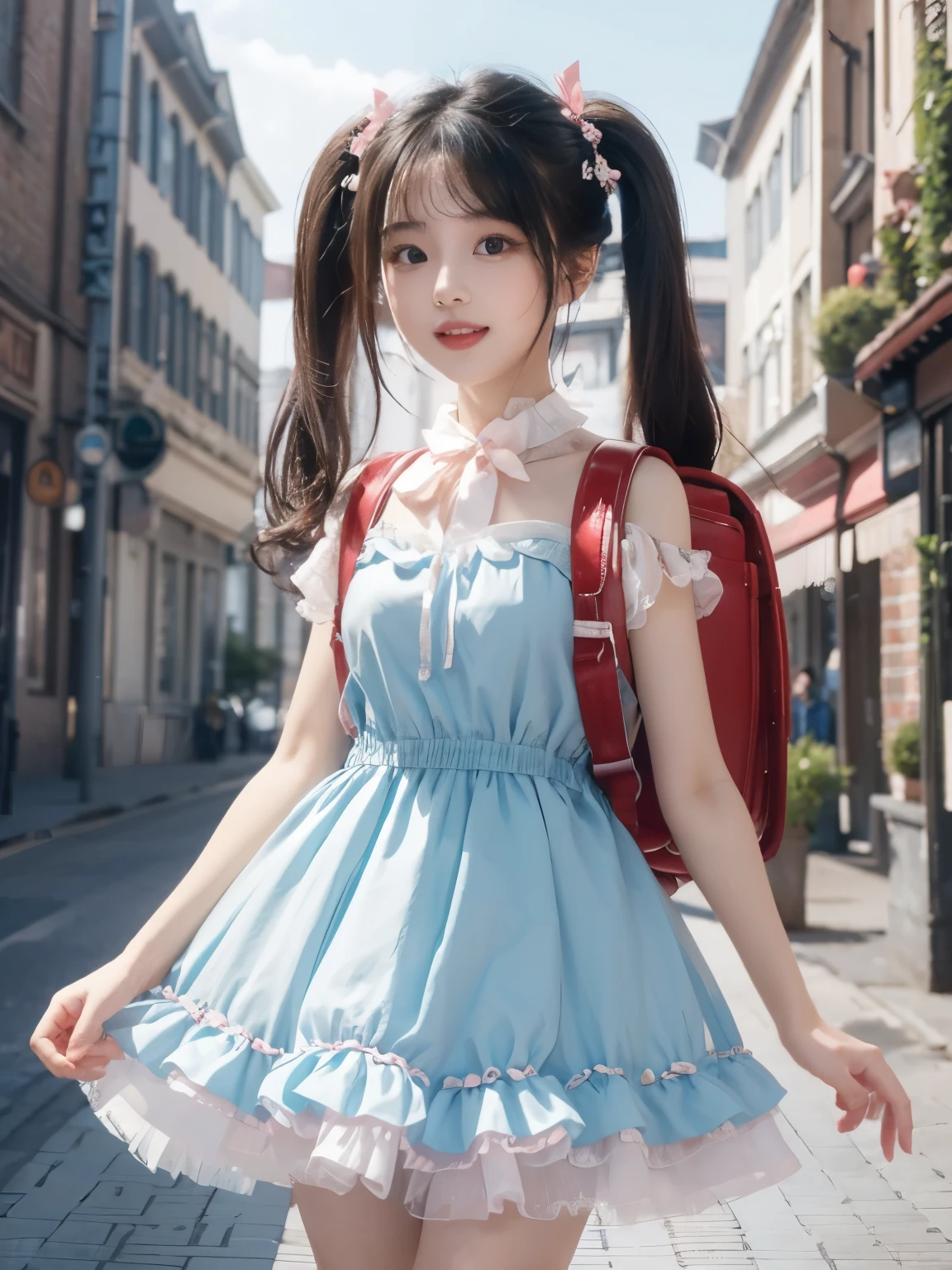(highest quality、masterpiece、8K、best image quality、hyper realism、Award-winning work)、(solo:1.1)、(1 photo:1.1)、(Feminine and girly cute frilly party dress:1.2), bowtie、(Perfect straight twin tails:1.2)、(low length:1.1)、(Height: 140cm:1.1)、small breasts, smile、emphasize body line、ponytail, hair ribbon、Standing gracefull、Full body photo of a woman standing gracefully、accurate anatomy、perfect makeup、long eyelashes、glossy lips、Ultra high definition glossy skin、(Ultra-high definition bright and beautiful skin:1.1)、Ultra-high definition glossy lips、Super high definition beautiful teeth, wearing randoseru backpack, (randoseru backpack:1.2), ta dress, cute dress, outdoor, standing, city