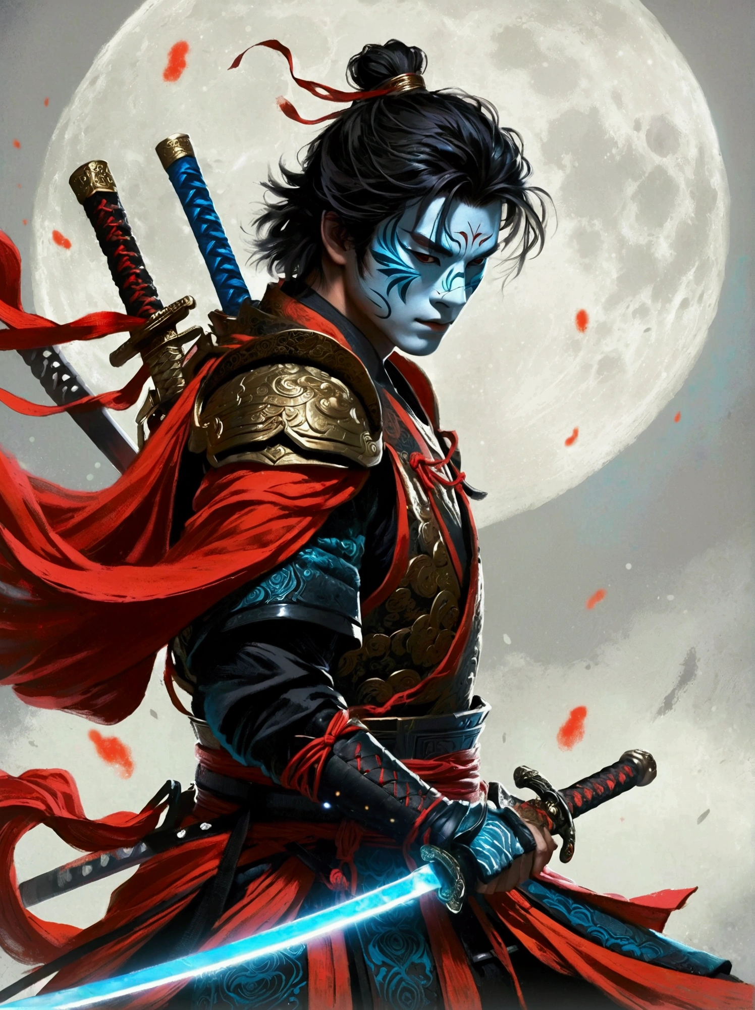 A warrior with a sleek samurai-like appearance, adorned with armor which sports a red and black color scheme, wielding a two-handed sword emitting a ghostly blue glow. The character wears a distinct mask, hiding his face, and he is in a dynamic fighting pose, ready to battle. The unique aspect is that the entire scene appears as if it was drawn and filled with crayons, bestowing a naive, child-like charm over the character and the surroundings.