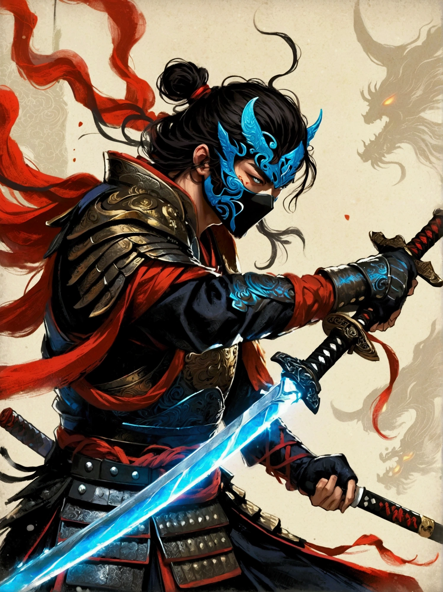 A warrior with a sleek samurai-like appearance, adorned with armor which sports a red and black color scheme, wielding a two-handed sword emitting a ghostly blue glow. The character wears a distinct mask, hiding his face, and he is in a dynamic fighting pose, ready to battle. The unique aspect is that the entire scene appears as if it was drawn and filled with crayons, bestowing a naive, child-like charm over the character and the surroundings.