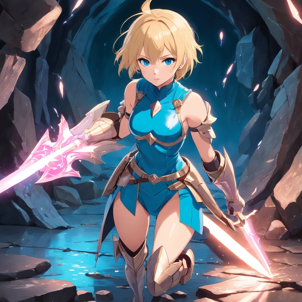  Women, ((Blonde)), ((Blue eyes)), ((Short hair)), ((Full shot)), very detailed makeup, pale pink lipstick, Dressed in Valkyrie armor with a micro bikini and a round shield in her hand ((stiletto boots)), in a dark cavern  ((wet floor)) ((full Body))