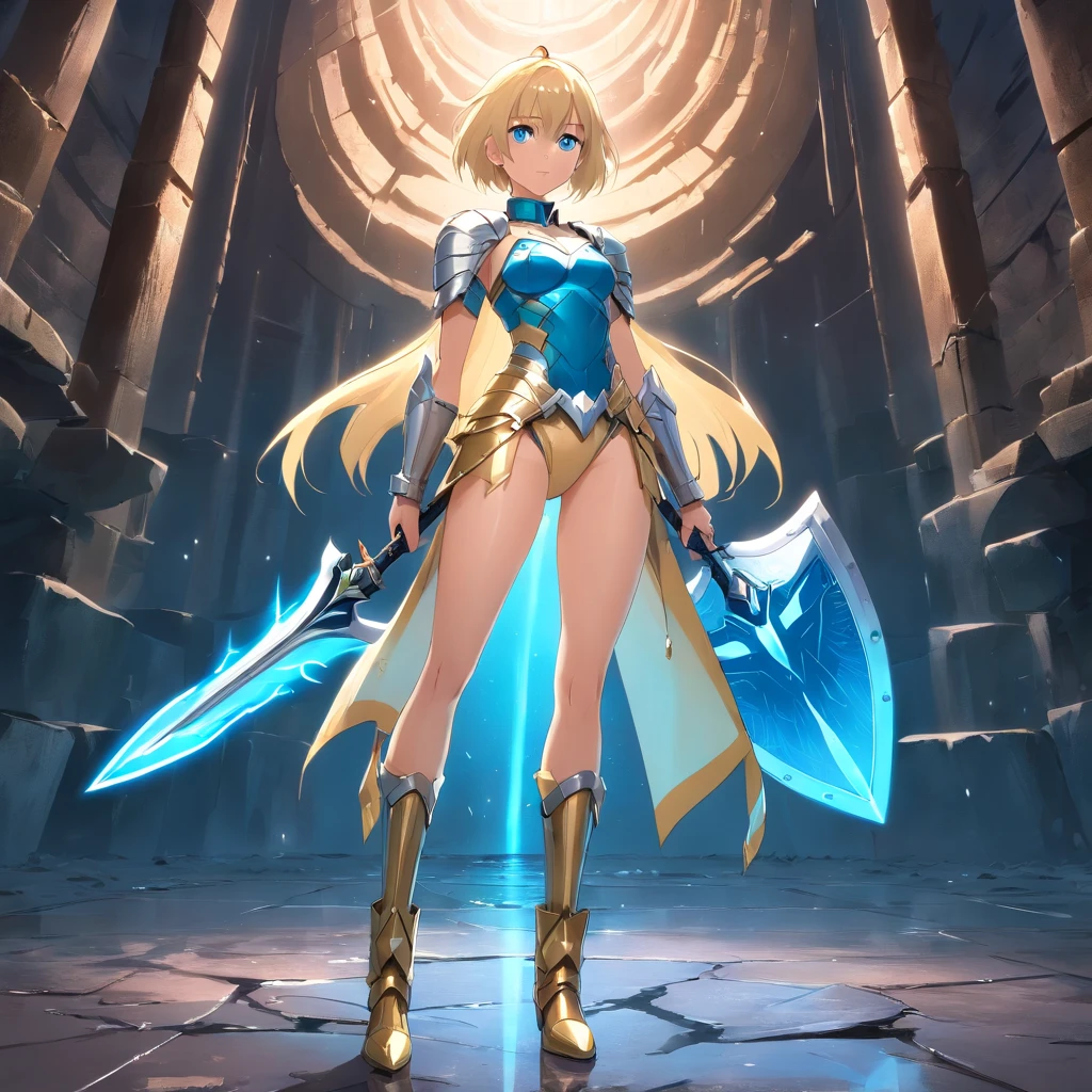 17 years old Women, ((Blonde)), ((Blue eyes)), ((Short hair)), ((Full shot)), very detailed makeup, pale pink lipstick, Dressed in Valkyrie armor with a micro bikini and a round shield in her hand ((stiletto boots)), in a dark cavern ((wet floor)) ((full Body))