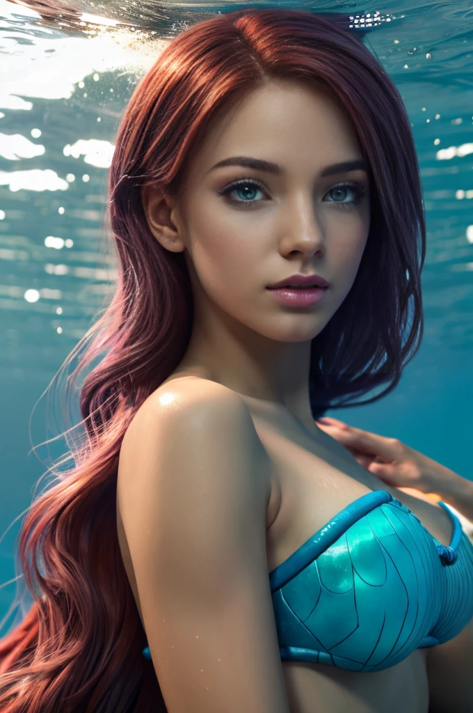 realistic mermaid, 1 woman, red hair, long hair, underwater, swimming, big natural breasts, detailed facial features, detailed eyes, detailed lips, detailed face, beautiful detailed eyes, beautiful detailed lips, extremely detailed eyes and face, long eyelashes, photorealistic, ultra-detailed, 8k, best quality, masterpiece, cinematic lighting, dramatic lighting, colorful, vibrant colors, hyper detailed, digital art, fantasy, concept art, surreal