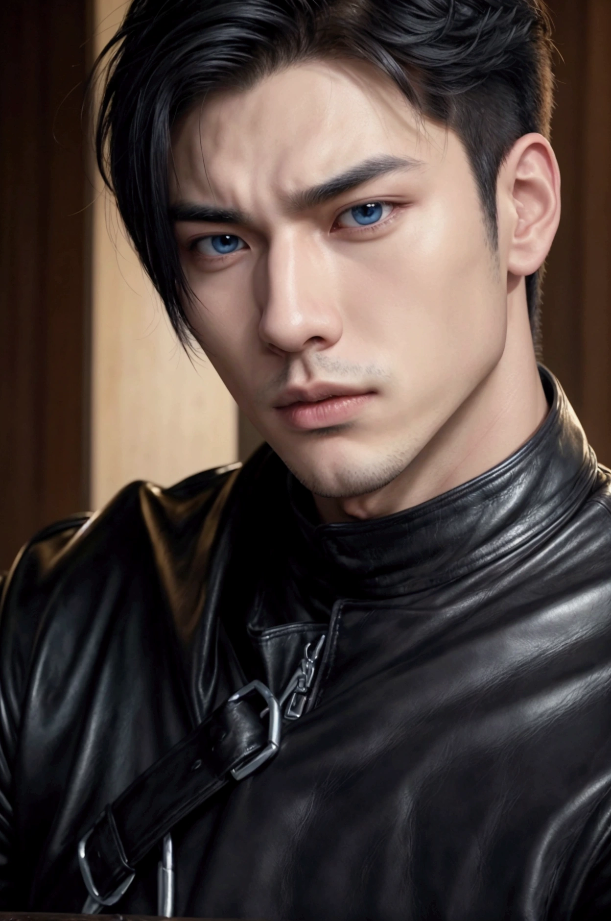 ((face portrait)), close-up photo, ((more focus on face)),((pose of superiority)), ((powerful man)), very luxurious in the image, highly detailed image. ((A man)), 20 year old boy, young appearance, perfect masculine appearance, detailed face, light blue eyes, seductive look, defined jawline, Serious countenance, marked nose, marked jaw, handsome face, young male face. Black hair, detailed hair, men's haircut. Perfect male body, broad shoulders, chest Toned, defined abs, toned body. Wearing a leather jacket with Spikes, leather jacket, black leather pants, goth look. Face with Korean features, slanted eyes, Asian appearance, Asian facial features, Striking a masculine pose, looking fixedly at the viewer, Asian features, Asian man, masculine,