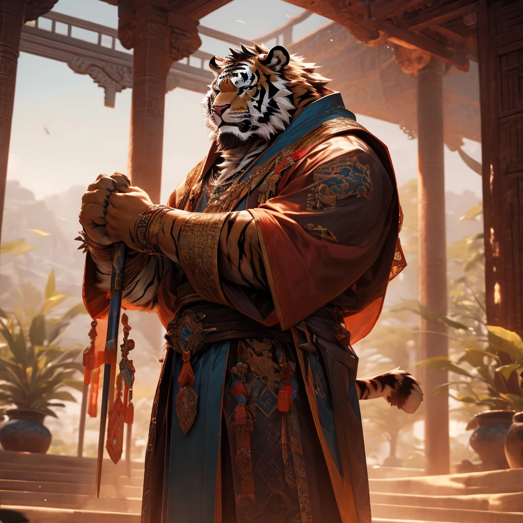 a muscular tiger in a long robe, standing on a floating island in the sky, a taoist monastery in the background, traditional chinese architecture, wuxia, fantasy, cinematic lighting, dramatic pose, (best quality,4K,8k,highres,masterpiece:1.2),ultra-detailed,(realistic,photorealistic,photo-realistic:1.37)Muscular tiger holding a sword，The background is the magnificent family lobby