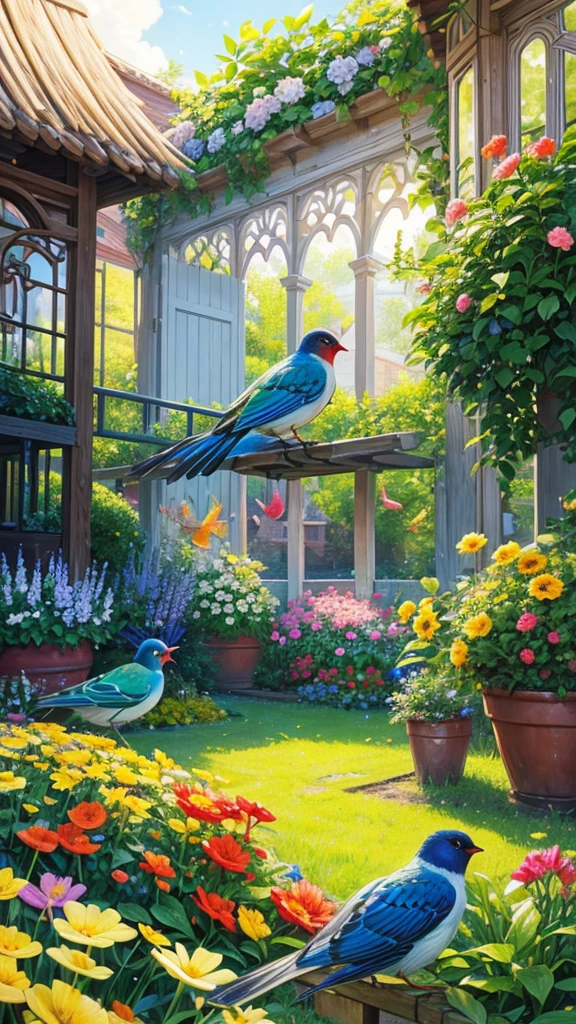 Here's the prompt in English:
"A beautiful garden where small, colorful birds are gathered in one place, each looking very beautiful with their vibrant feathers."