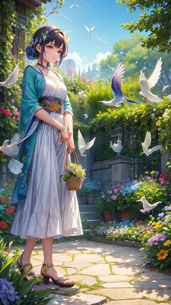 Here's the prompt in English:
"A beautiful garden where small, colorful birds are gathered in one place, each looking very beautiful with their vibrant feathers."