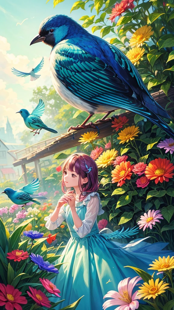 Here's the prompt in English:

"A beautiful garden where small, colorful birds are gathered in one place, each looking very beautiful with their vibrant feathers."