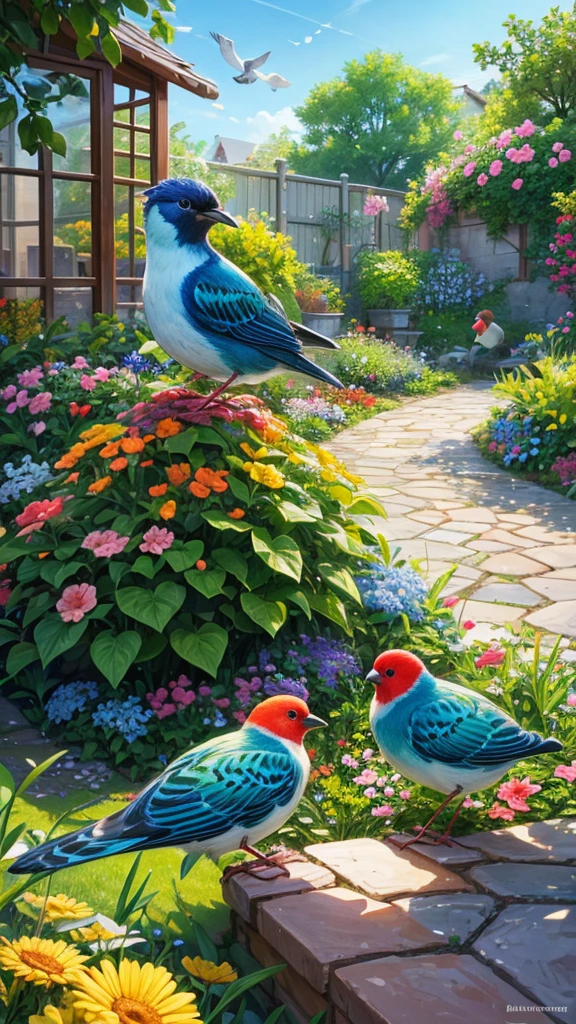 Here's the prompt in English:
"A beautiful garden where small, colorful birds are gathered in one place, each looking very beautiful with their vibrant feathers."