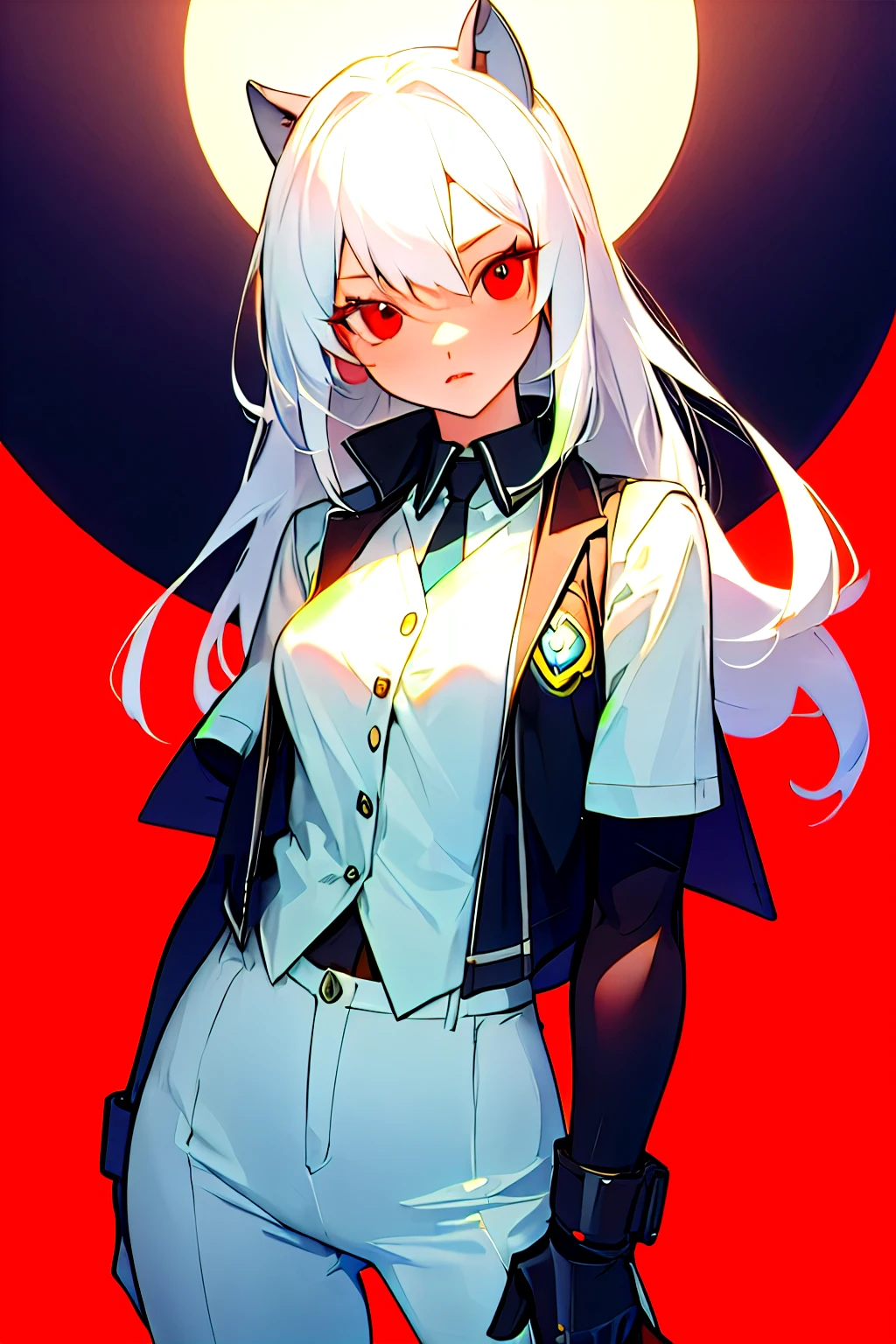 cowgirl with red eyes and white hair vest 

