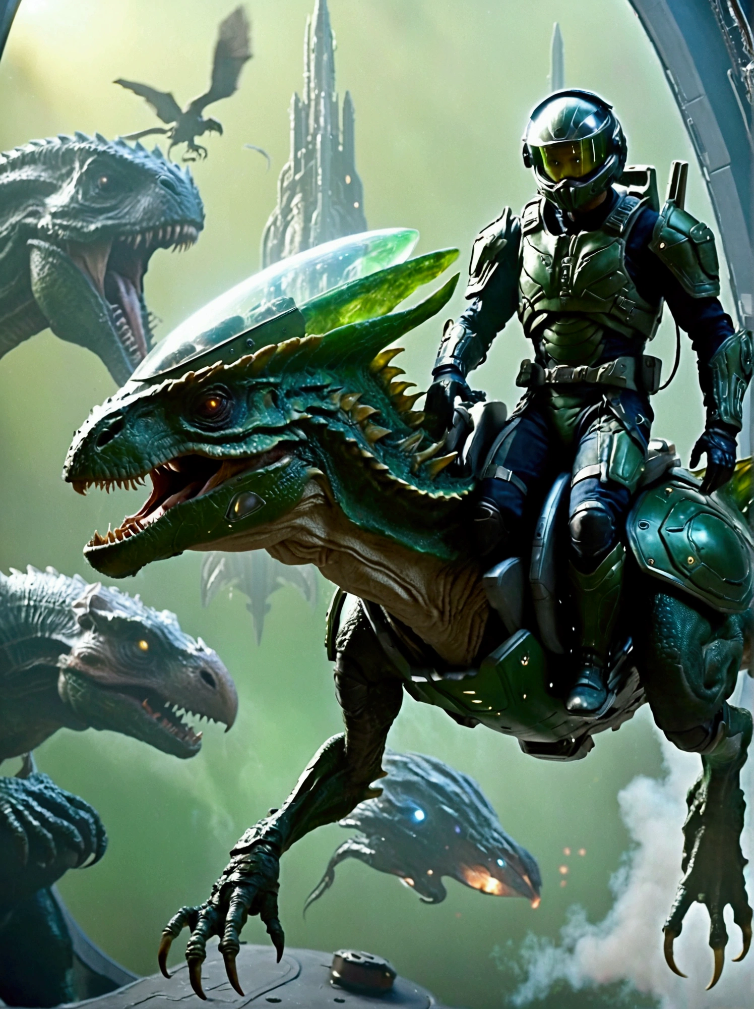 A sci-fi armored soldier, known for his green armor with a reflective helmet visor, is boarding a ghostly alien spaceship known for its gloomy and haunting appearance. He's riding a creature resembling a dinosaur with avian characteristics, commonly found in space-themed video games, featuring a hunched posture, and a shield for protection.