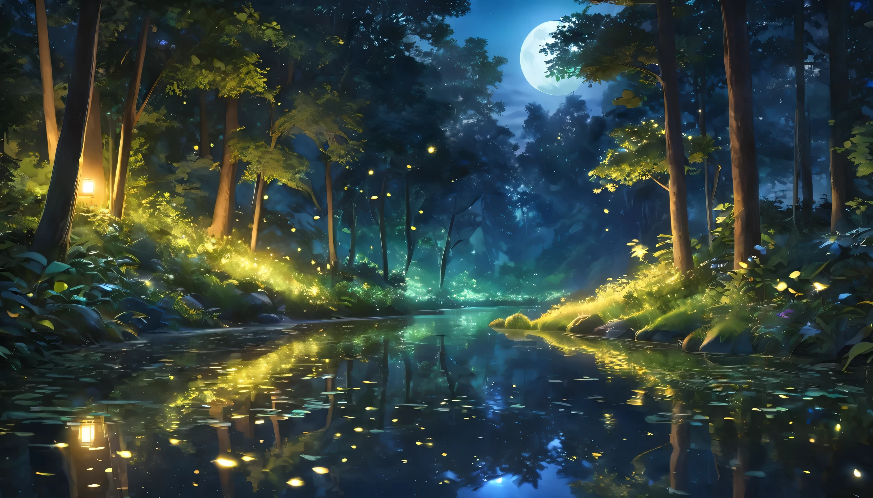 a beautiful anime landscape, a small forest spring at night, glowing fireflies, magical moonlight, serene atmosphere, lush greenery, detailed foliage, tranquil water, reflections on the surface, ethereal lighting, vibrant colors, painterly style, (best quality,8k,highres,masterpiece:1.2),ultra-detailed,(realistic,photorealistic,photo-realistic:1.37),intricate details,cinematic composition,dramatic shadows,warm color palette