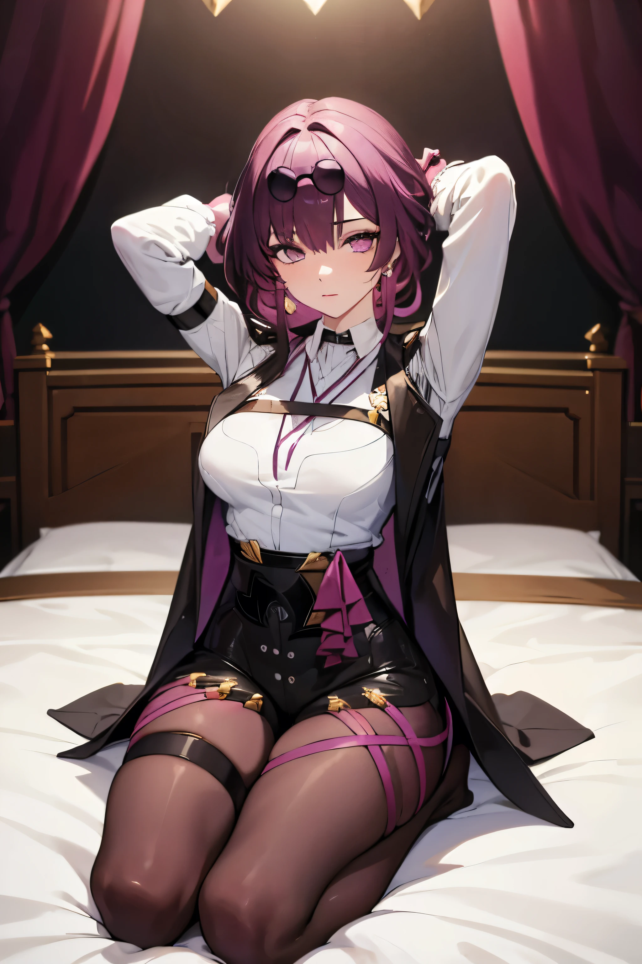 work of art, (detailded, high resolution, best qualityer), 1 girl, kafkerdef, aretes, glasses on head, oculos de sol, white  shirt, Black jacke, long sleeves, purple gloves, Shorts, pantyhose, thigh strap, Seiza, arms behind the head, bed-in