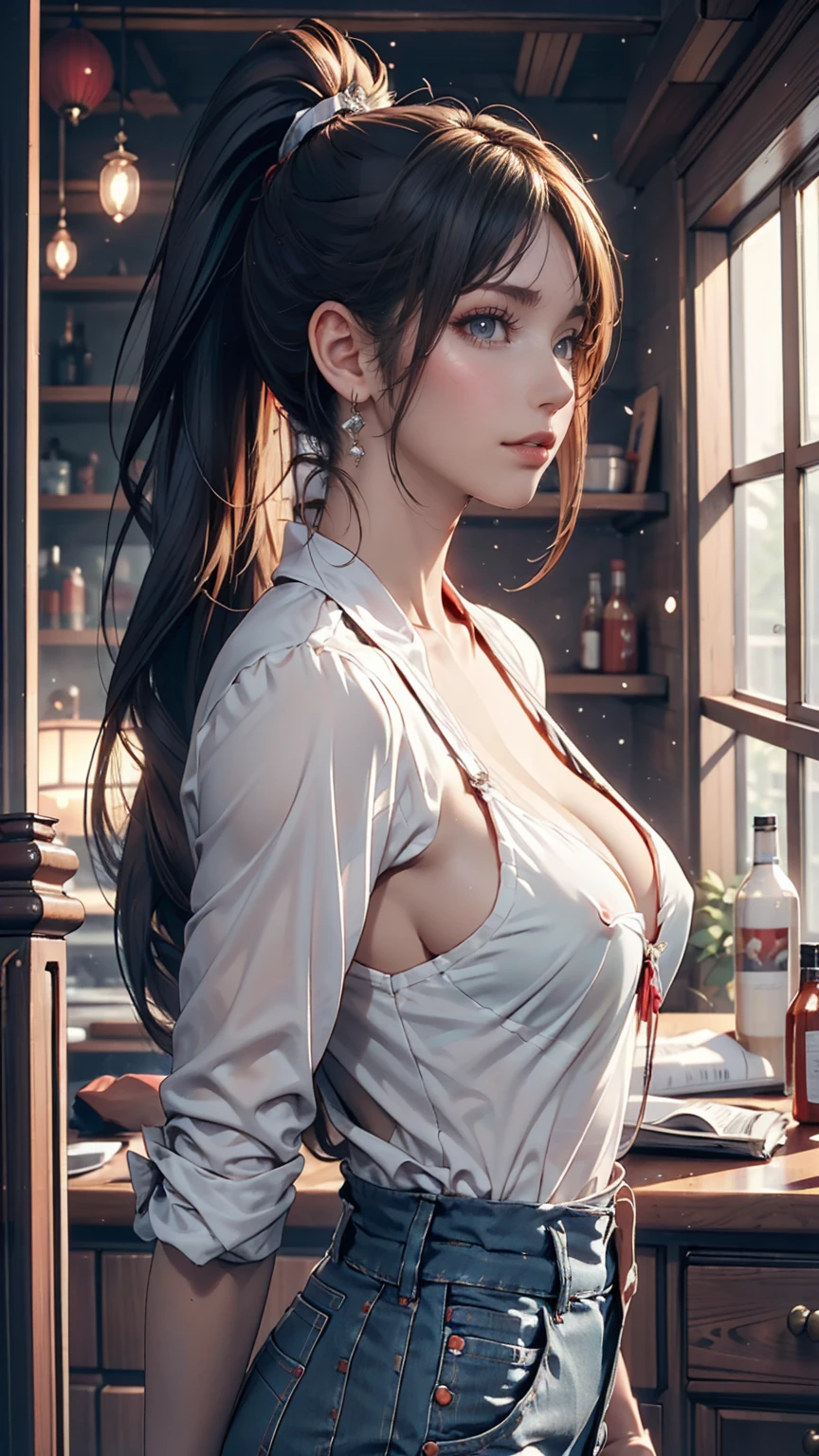 ((masterpiece, Highest quality)), Woman in a shirt , Side view, ponytail、Silver accessories on the wrist、Sexy proportions、Narrow waist、Realistic shaped breasts(Hanging down due to gravity)Nipple swelling emphasis