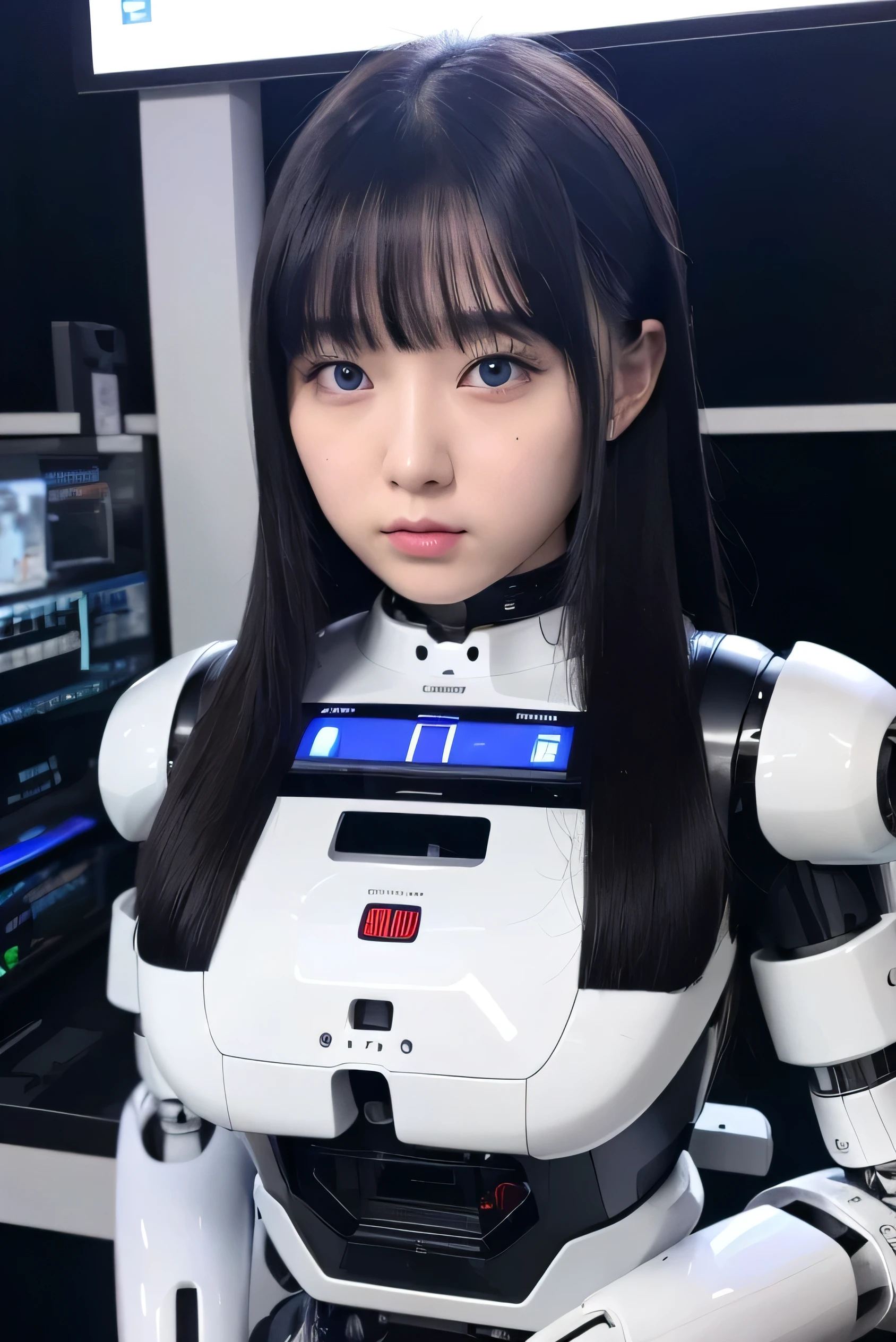 masterpiece, best quality, extremely detailed, Japaese android girl,portrait,Plump,a bit chubby,control panels,android,Droid,Mechanical Hand, Robot arms and legs, Black hair,Blunt bangs,perfect robot girl,long tube,thick cable connected her neck,android,robot,humanoid,cyborg,japanese cyborg girl ,robot-assembly plant,She is assembling now,assembly scene,blue eyes,chest monitor