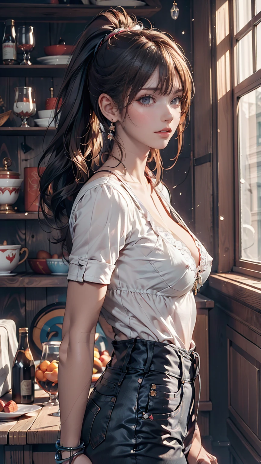 ((masterpiece, Highest quality)), Woman in a shirt , Side view, ponytail、Silver accessories on the wrist、Sexy proportions、Narrow waist、Realistic shaped breasts（Hanging down due to gravity)Nipple swelling emphasis