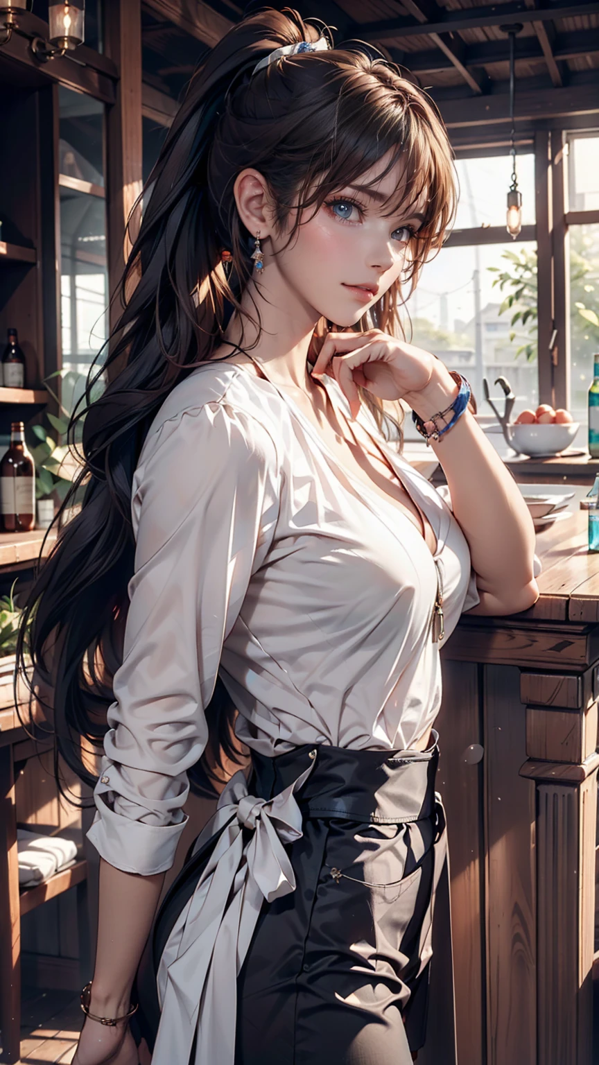 ((masterpiece, Highest quality)), Woman in a shirt , Side view, ponytail、Silver accessories on the wrist、Sexy proportions、Narrow waist、Realistic shaped breasts（Hanging down due to gravity)Nipple swelling emphasis