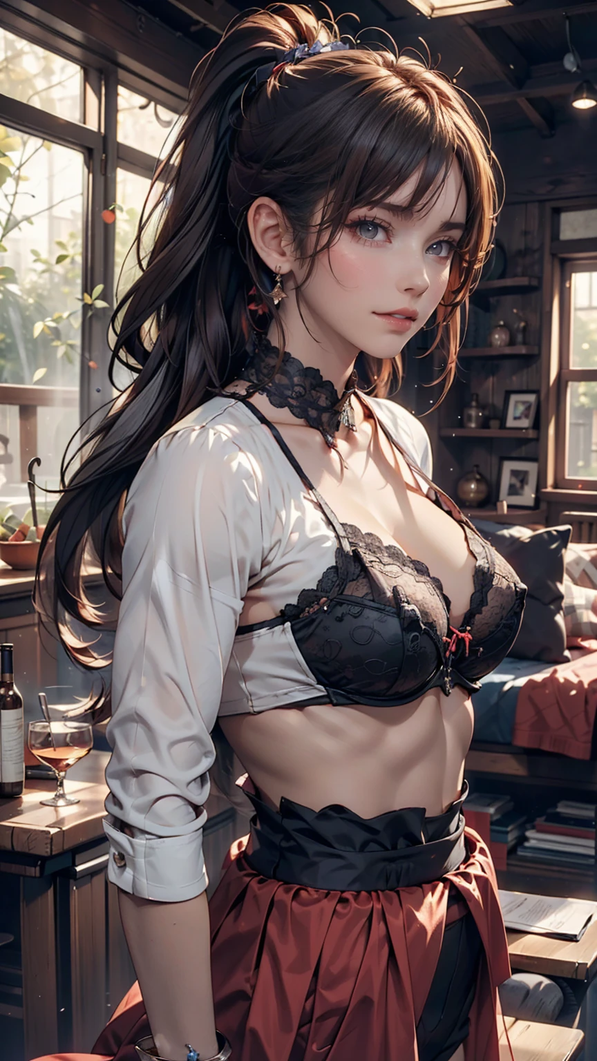 ((masterpiece, Highest quality)), Woman in a shirt , Side view, ponytail、Silver accessories on the wrist、Sexy proportions、Narrow waist、Realistic shaped breasts（Hanging down due to gravity)Nipple swelling emphasis