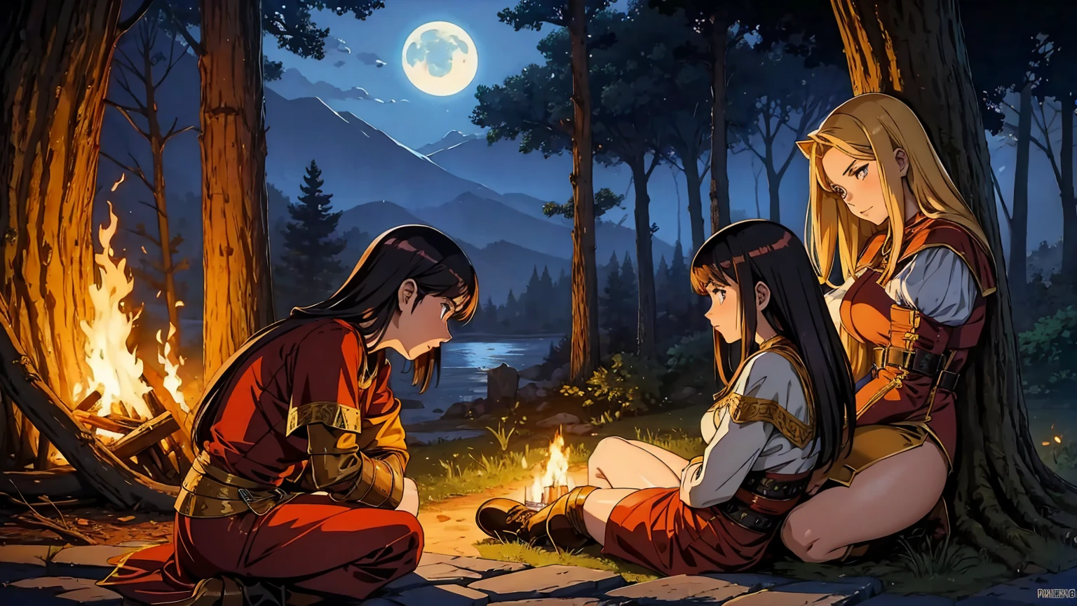 night　Medieval fantasy world　Adventurer　bonfire　Nap　woman　lean on a tree
