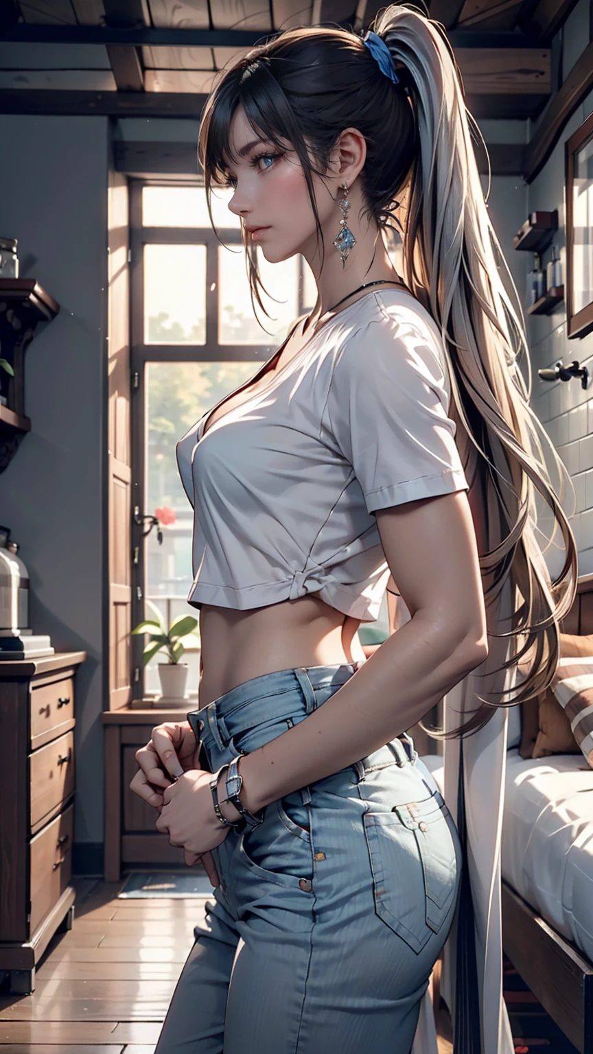 ((masterpiece, Highest quality)), Woman in a shirt , Side view, ponytail、Silver accessories on the wrist、Sexy proportions、Narrow waist、Realistic shaped breasts(Hanging down due to gravity)Nipple swelling emphasis