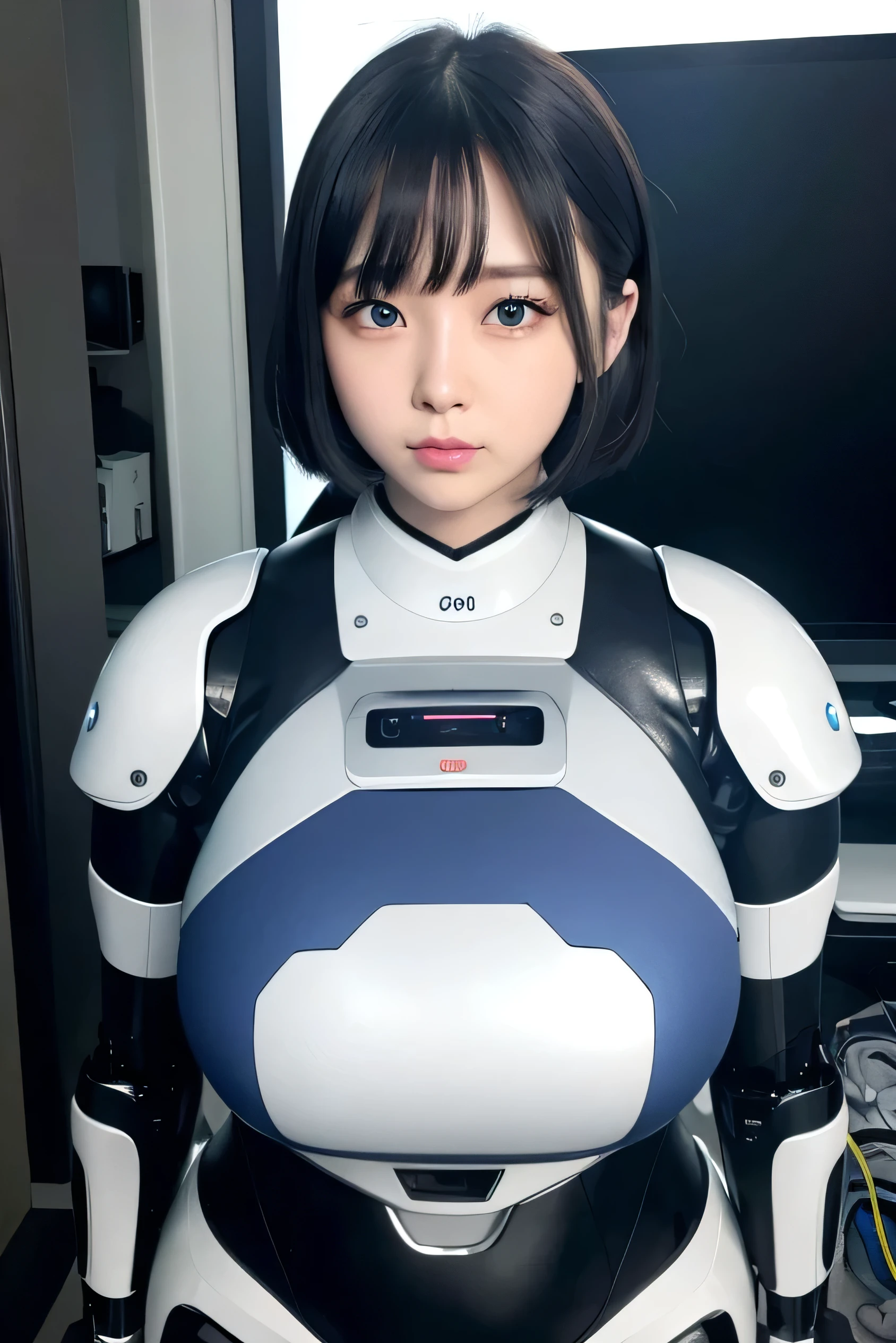 masterpiece, best quality, extremely detailed, Japaese android girl,portrait,Plump,a bit chubby,control panels,android,Droid,Mechanical Hand, Robot arms and legs, Black hair,Blunt bangs,perfect robot girl,long tube,thick cable connected her neck,android,robot,humanoid,cyborg,japanese cyborg girl ,robot-assembly plant,She is assembling now,assembly scene,blue eyes,chest monitor