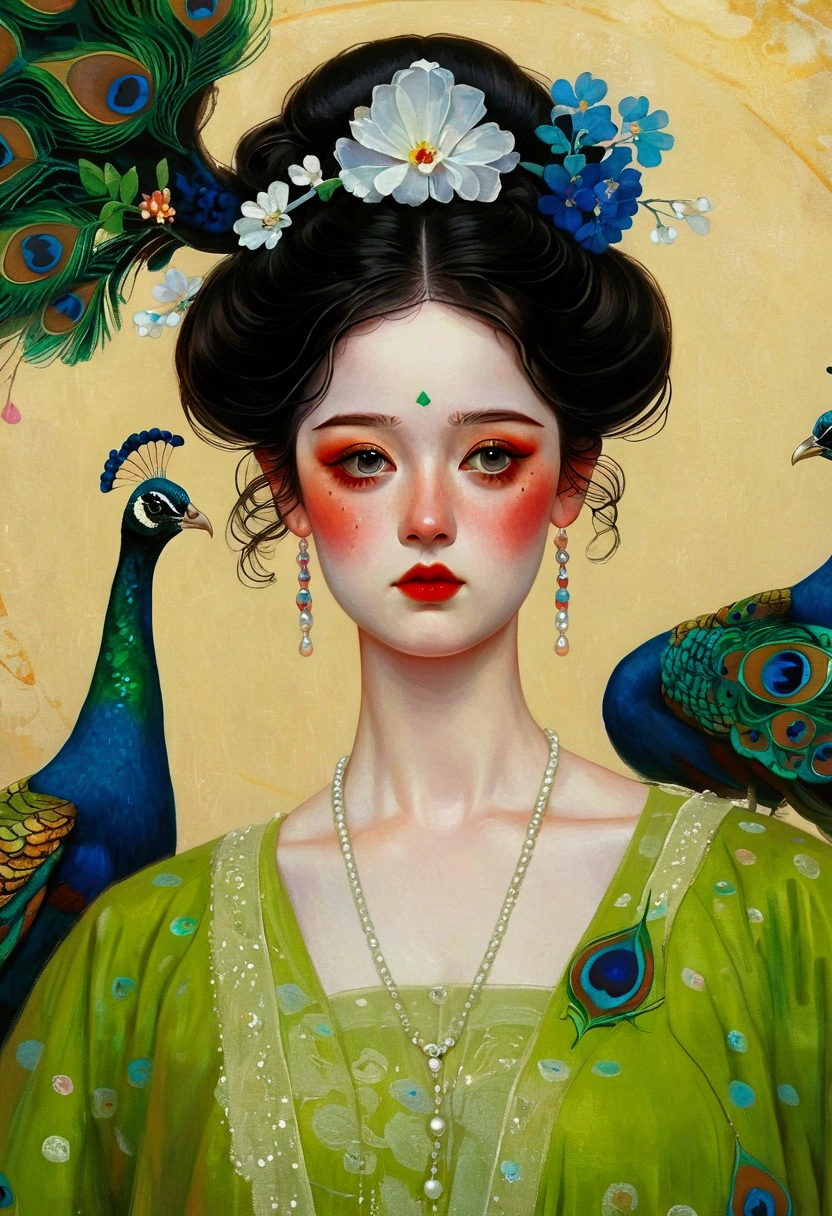 The painting shows a plump woman in a green dress,A peacock perched on his shoulder, Tom Bagshaw Donato Giancora, Natalie Shaw Tom Bagshaw, Artgerm and Tom bAgshAw, Beautiful character painting, tom bagshaw style