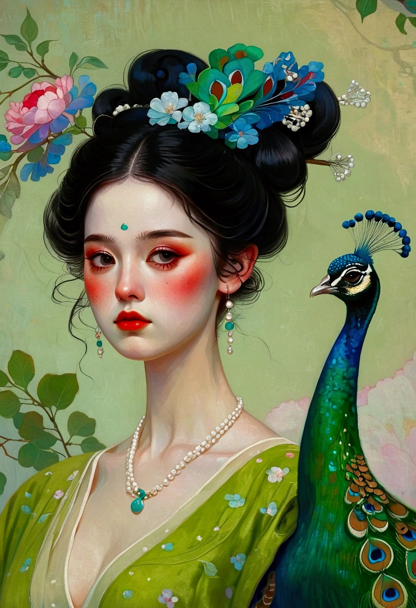 The painting shows a plump woman in a green dress,A peacock perched on his shoulder, Tom Bagshaw Donato Giancora, Natalie Shaw Tom Bagshaw, Artgerm and Tom bAgshAw, Beautiful character painting, tom bagshaw style