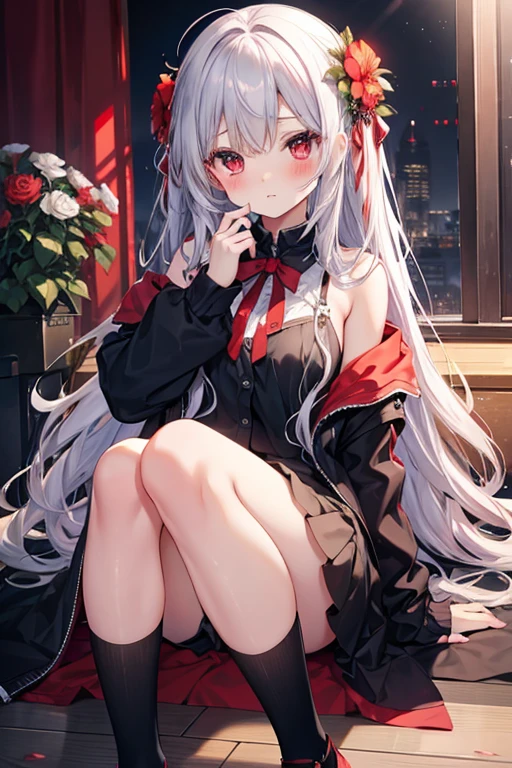 red blush、Silvery hair、red eyes、Beautiful girl alone、and souls、solo、a miniskirt、A sexy、flower field、