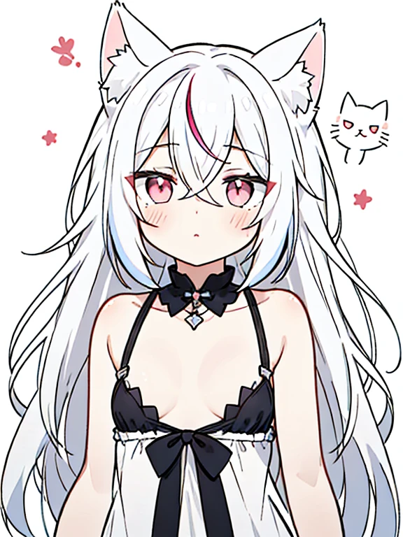best quality, masterpiece, 1 girl, , upper body, hairs between eyes, female, pink eyes, long hair, small breasts, expressionless, wink , cat ears, white hair, silver hair, streaked hair, long bangs,