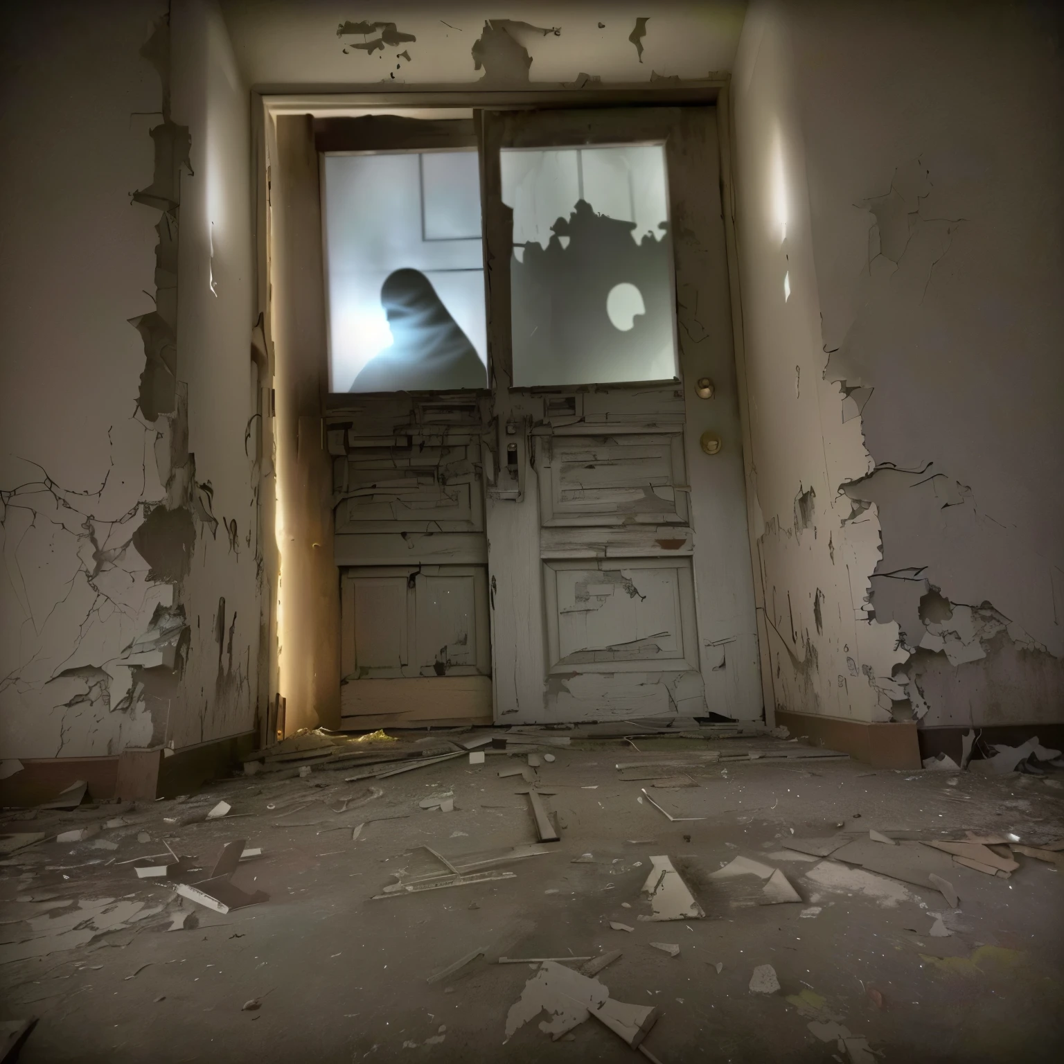 there is a window in a room with a door and a window, ghostly figure, inside haunted house, inside a haunted house, scary ghost, abandoned asylum, scary photo, about to enter doorframe, photo of scp-173, ghost room, spiritual eerie creepy picture, haunted liminal abandoned room, haunted house interior, eerie person, very scary photo