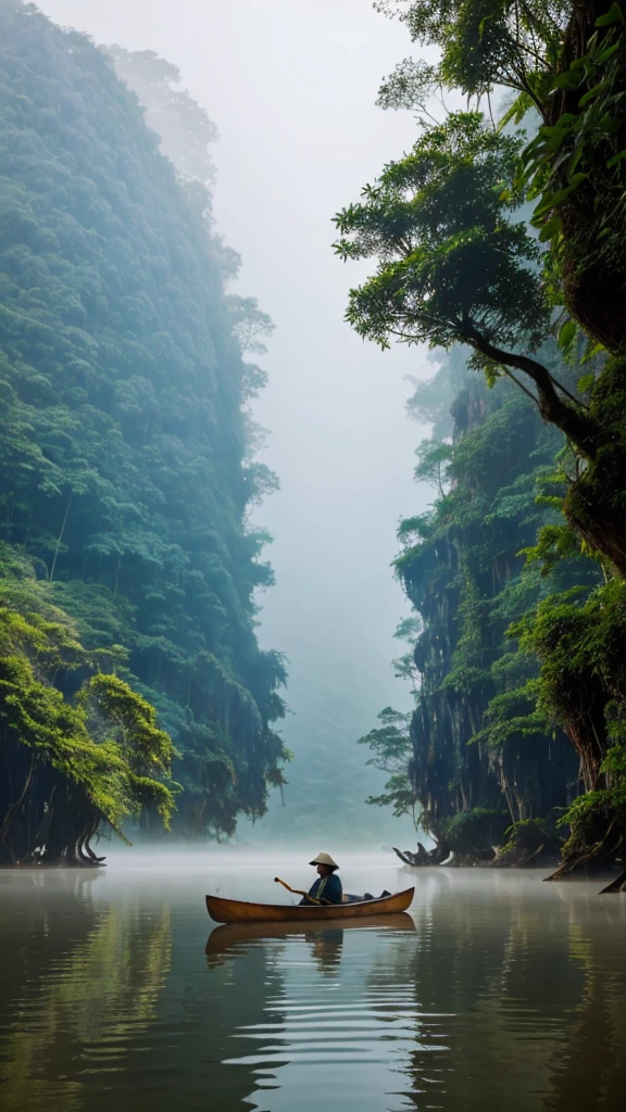 there is a man in a canoe on a river in the fog, mystical forest lagoon, dreamy scene, indonesia national geographic, in a serene landscape, mystical scene, mystical lake, jungles of vietnam beautiful, mystical setting, beautiful environment, serene environment, early morning light, stunning atmosphere, the morning river, enchanting and otherworldly, lost in a dreamy fairy landscape