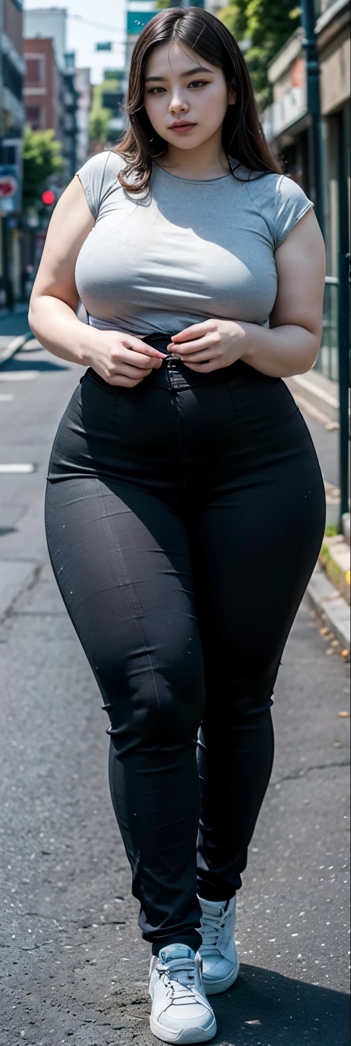 ((best quality)), ((masterpiece)), (detailed), malay woman, perfect face, araffe woman in a dark-black gamis walking down a street, thicc, she has a jiggly fat round belly, bbwchan, wearing tight simple clothes, skinny waist and thick hips, widest hips, her belly is fat and round, soft curvy shape, hyperrealistic full figure, wearing gamis , wide hips, sneakers