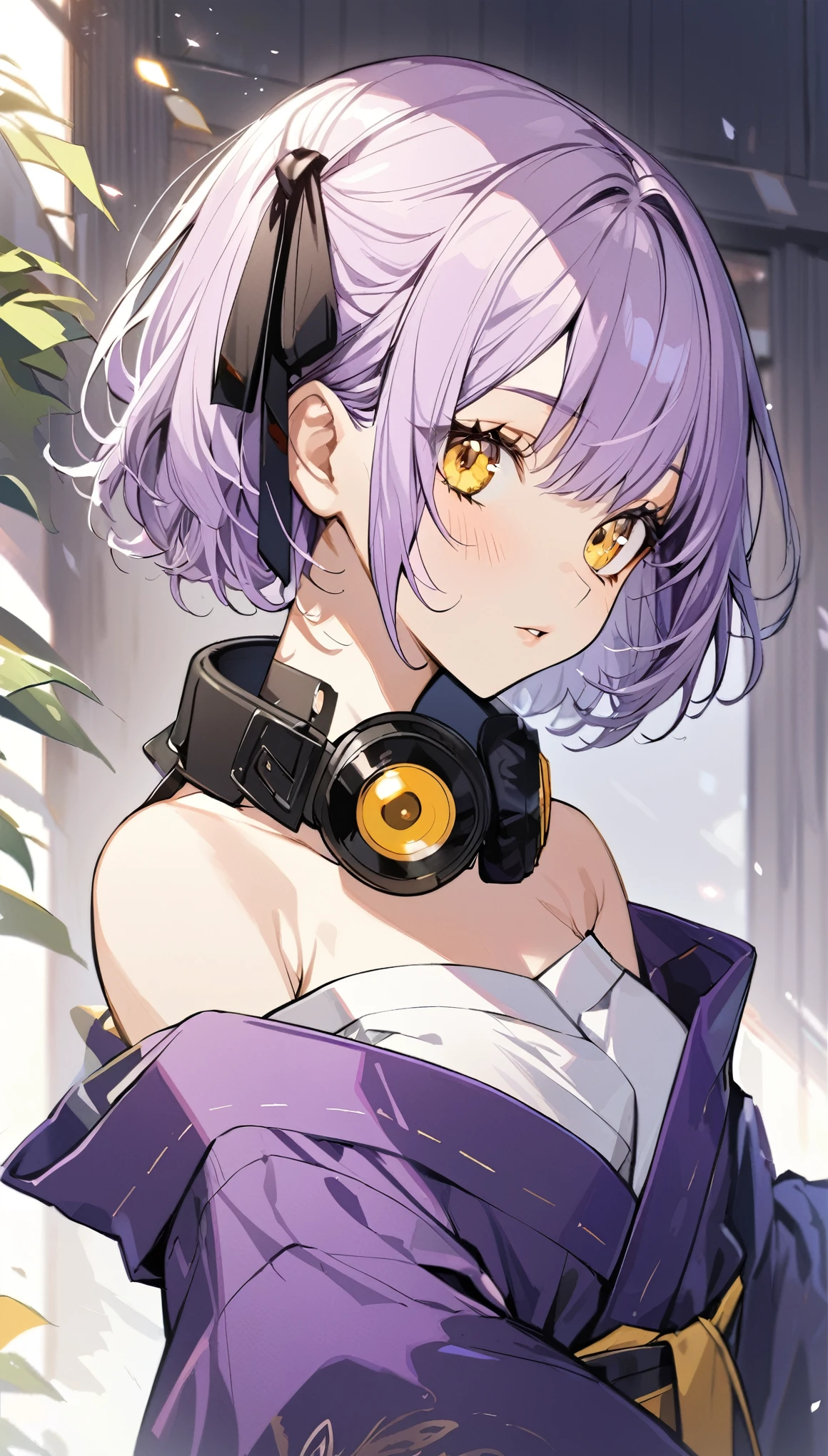1 girl, Light purple hair, Yellow Eyes, Off-the-shoulder kimono, Beautiful Face, Black ribbon around neck, Purple kimono, Personal illustrations, short hair, front